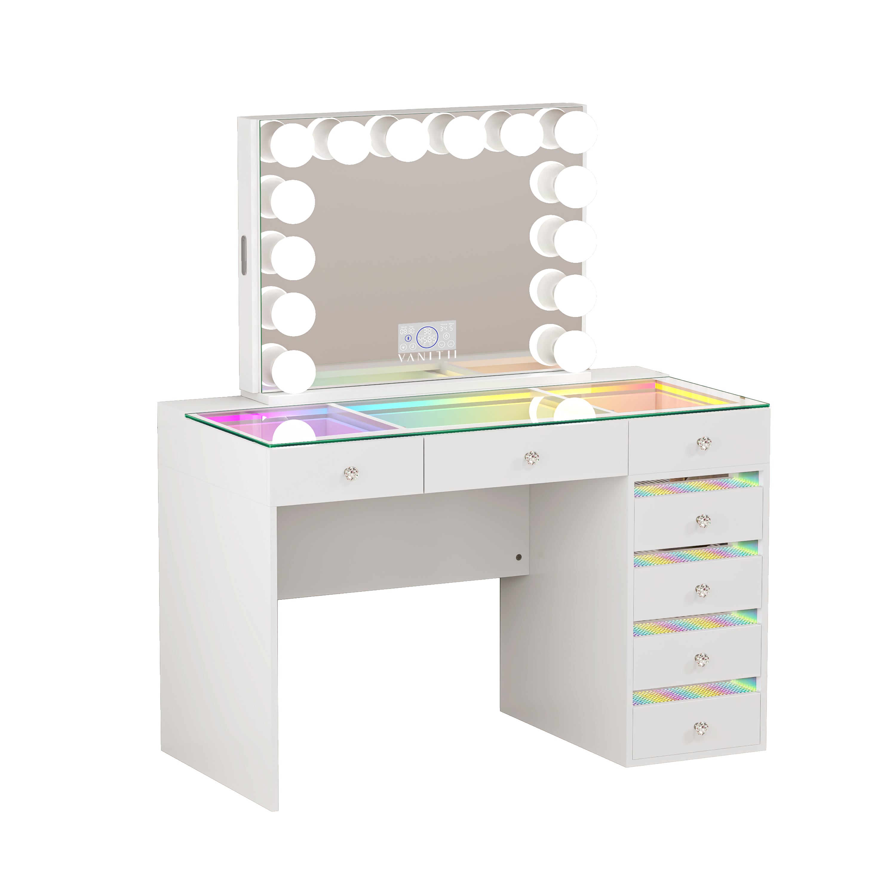 The VANITII Fenair Vanity Desk Set features a 14 LED Light Bulbs , Mirror with Hidden Side Jewelry Racks，7 crystal-knob drawers,USB&Type-C Ports and built-in Bluetooth Speaker. It adopts a simple white design, perfectly combining beauty and functionality.