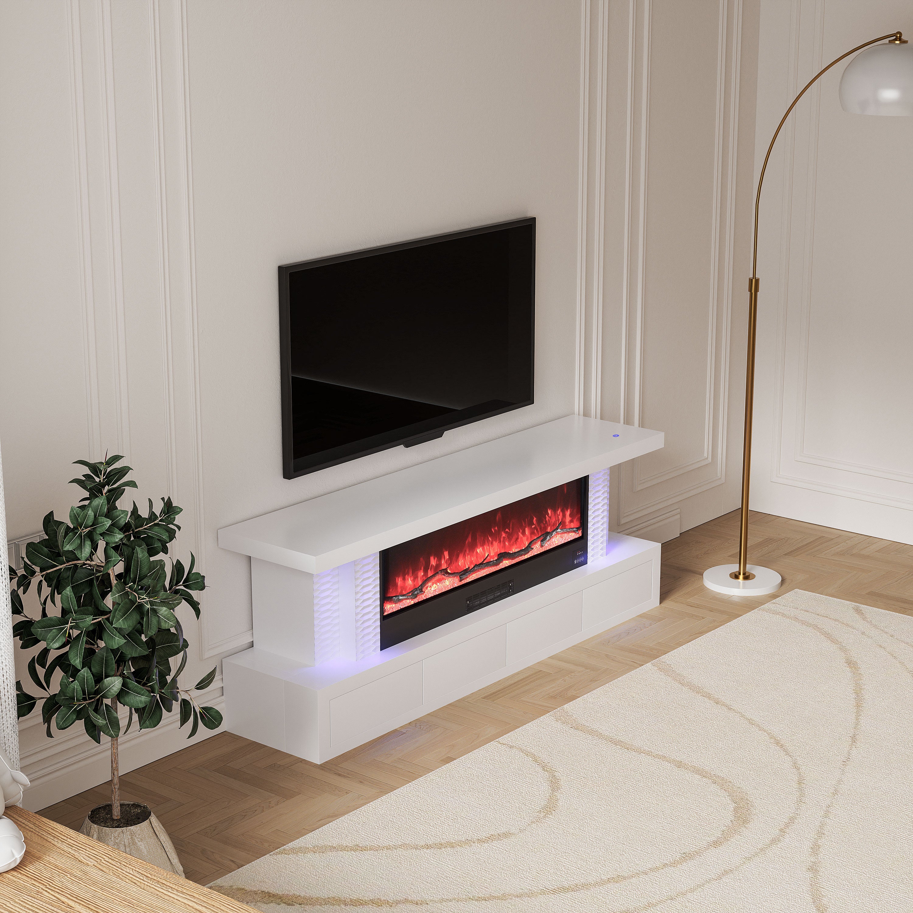 VANITII TV Stand LED Mirrored Fireplace