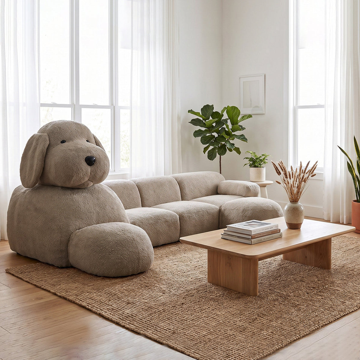 An oversized plush dog-shaped sofa is placed by the window in the modern living room.