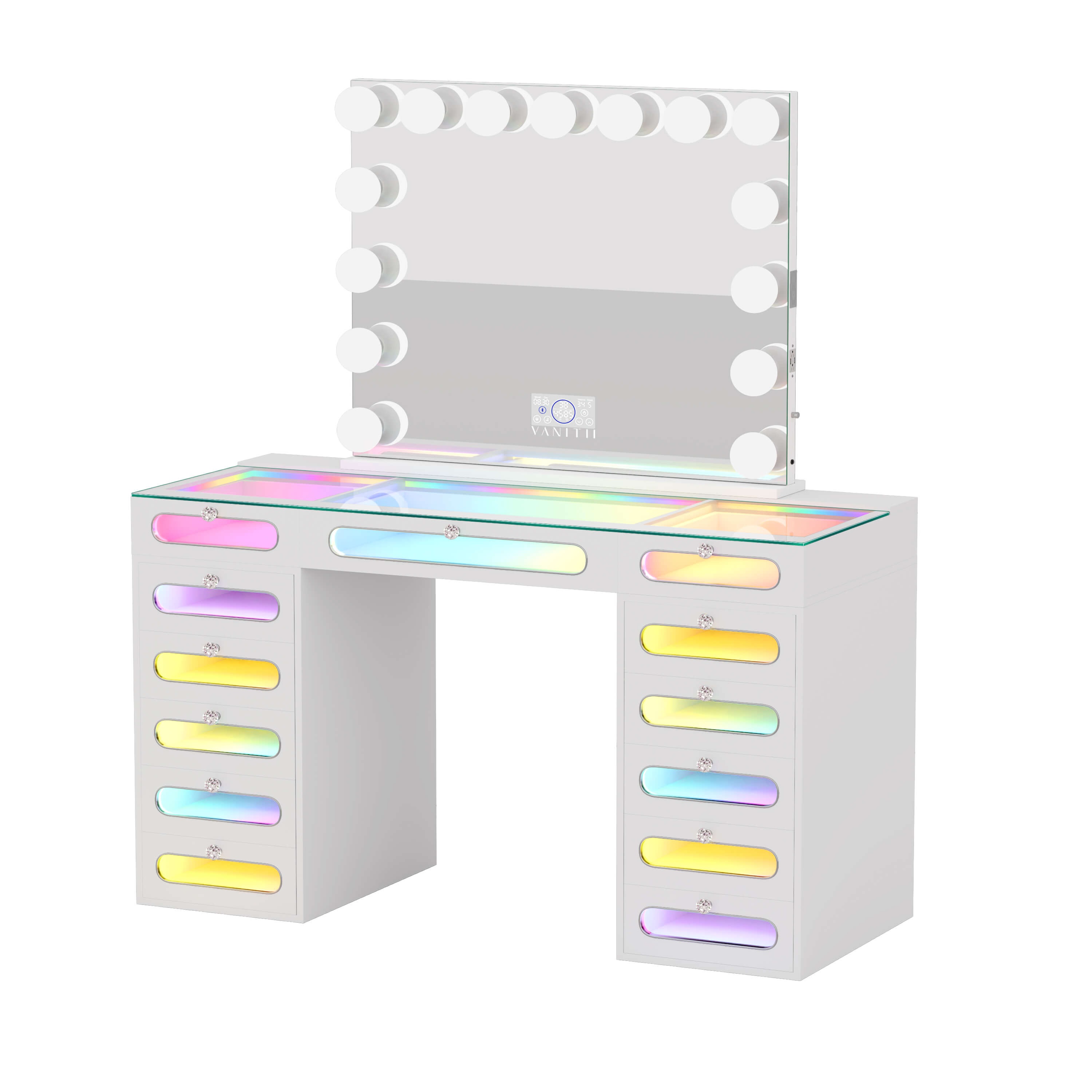 VANITII Priscilla Vanity Desk Set With 13 Drawers & 15 LED Bulbs Mirror