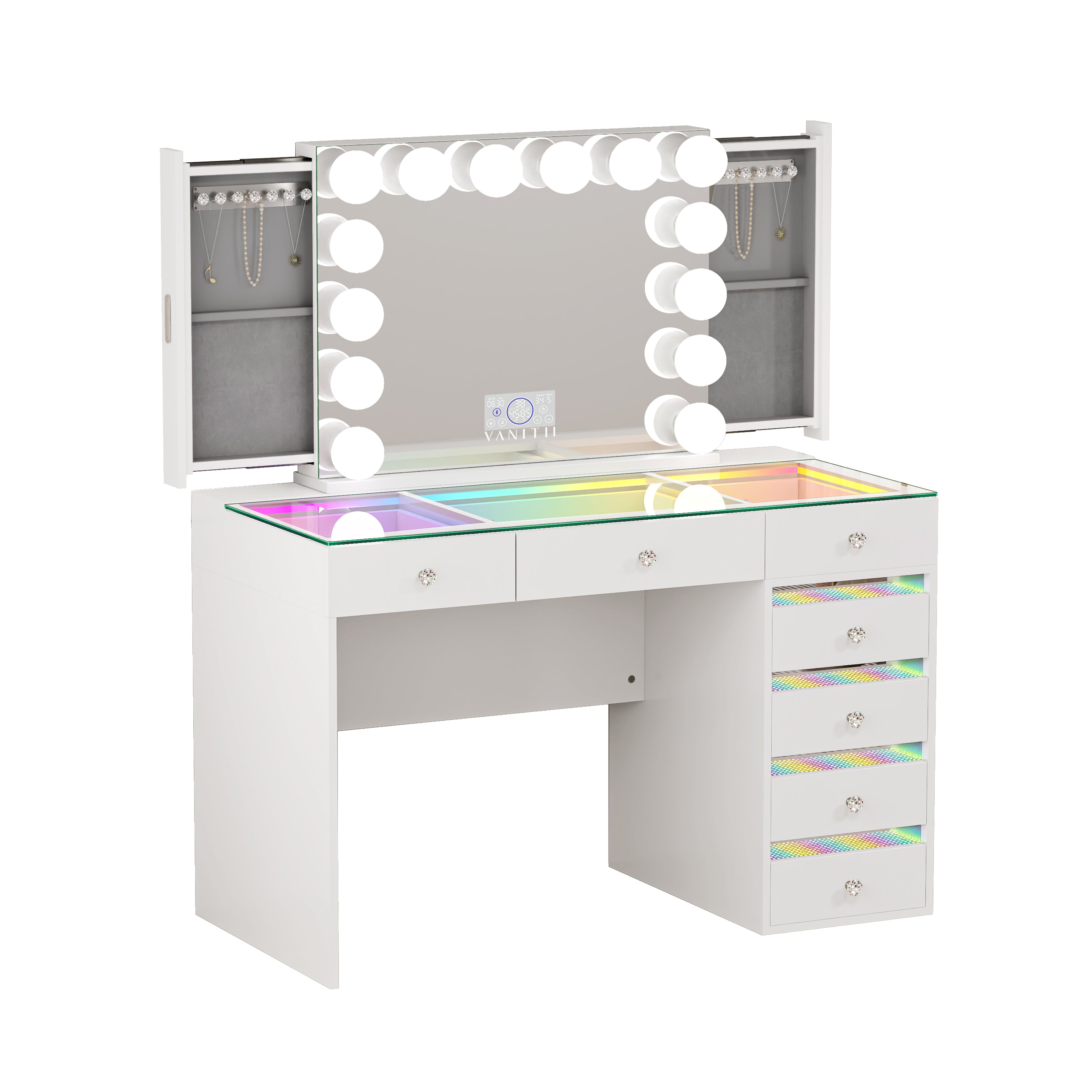 The VANITII Fenair Vanity Desk Set features a 14 LED Light Bulbs , Mirror with Hidden Side Jewelry Racks，7 crystal-knob drawers,USB&Type-C Ports and built-in Bluetooth Speaker. It adopts a simple white design, perfectly combining beauty and functionality.