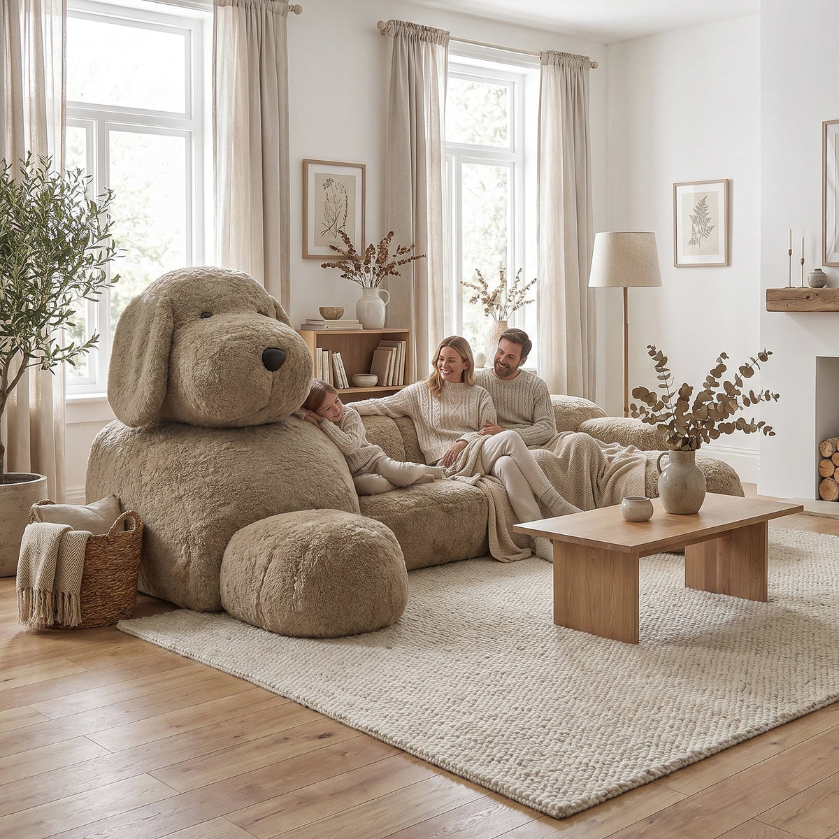 A family of three was sitting on the oversized plush dog-shaped sofa in the living room, creating a warm and cozy scene.
