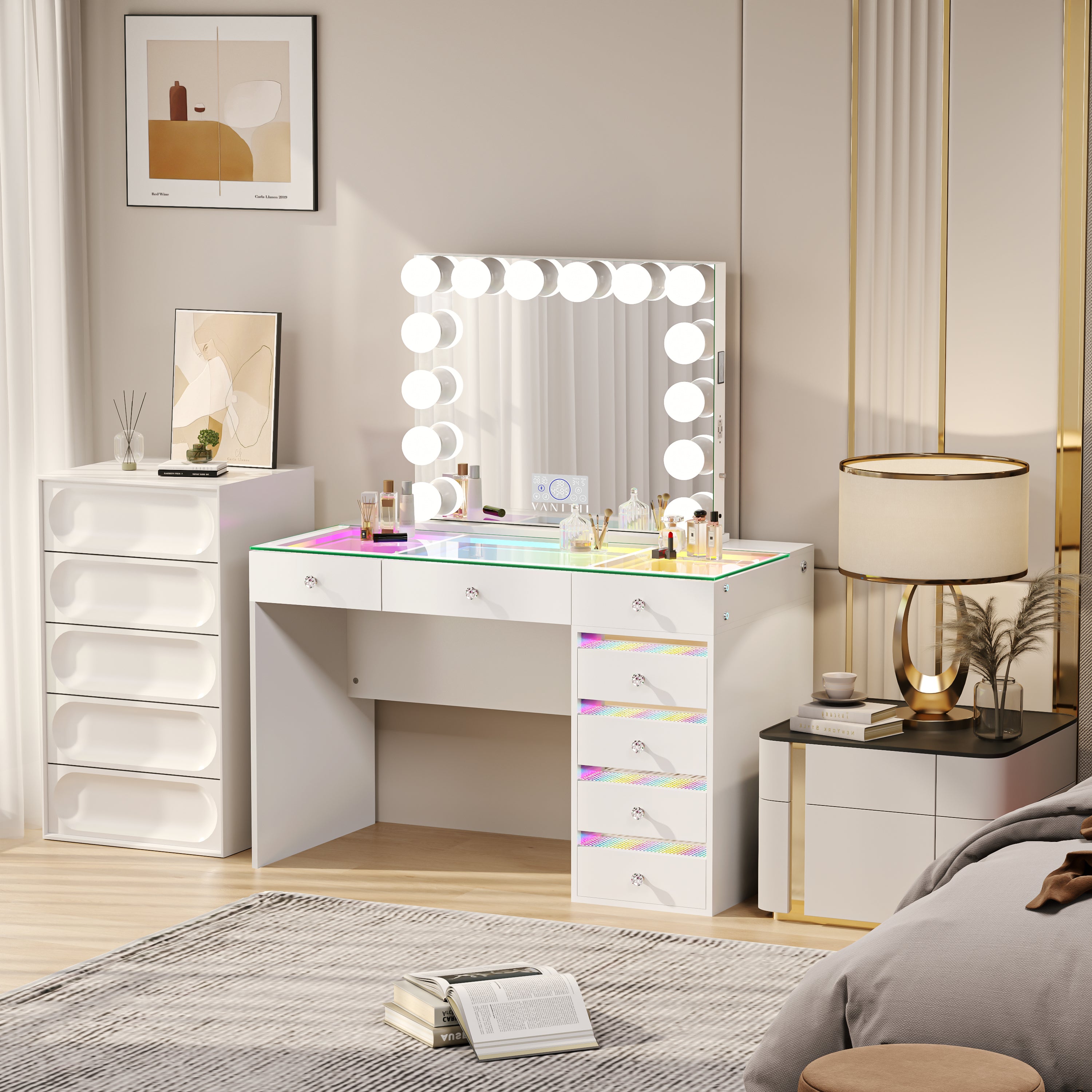 VANITII Fenair Vanity Set with 7 Drawers with 14 Bulbs Hollywood Vanity Mirror