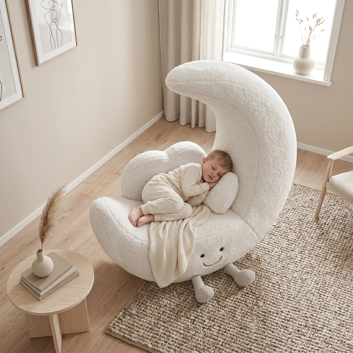 In kids’ room，the little boy was sleeping very soundly on the moon-shaped sofa.