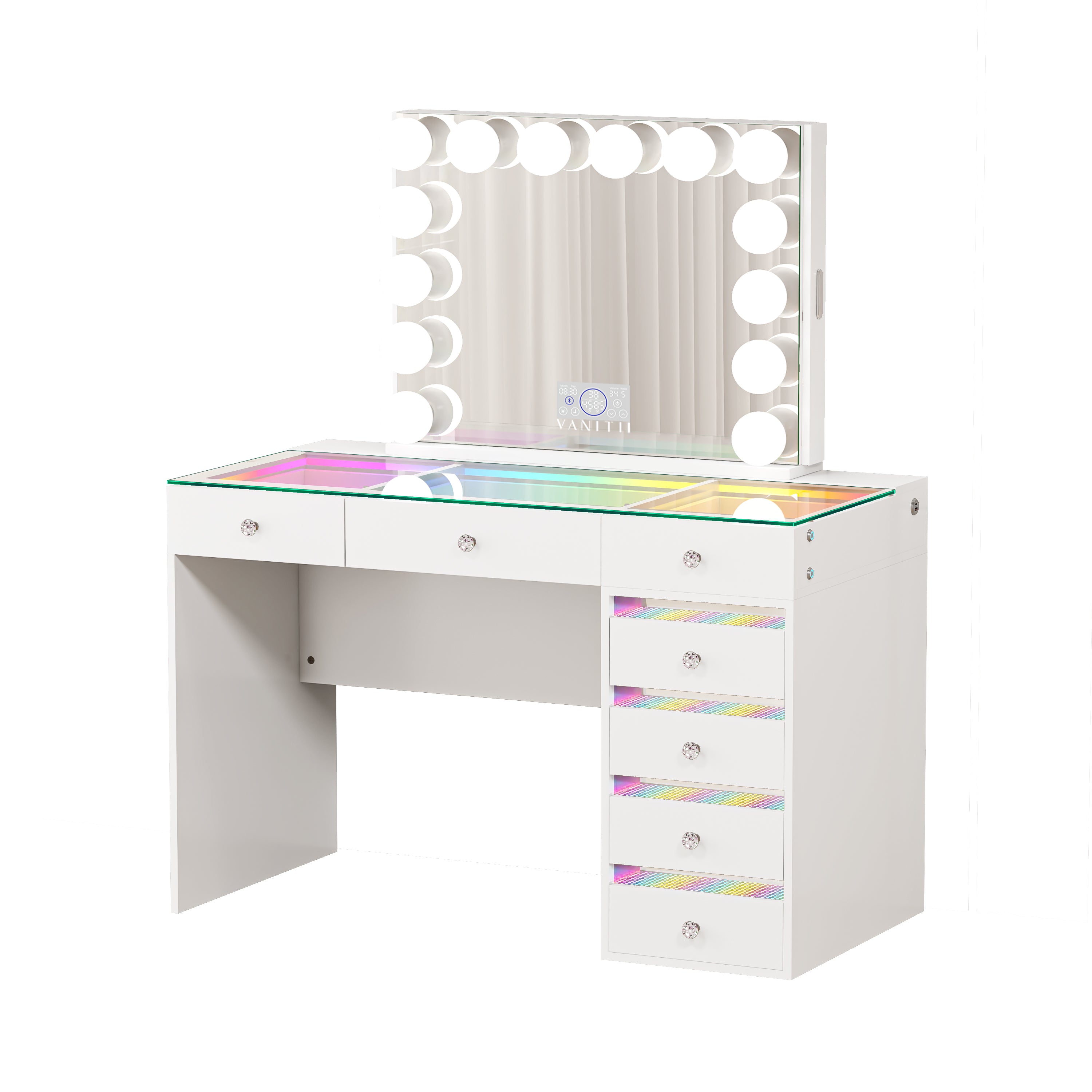 The VANITII Fenair Vanity Desk Set features a 14 LED Light Bulbs , Mirror with Hidden Side Jewelry Racks，7 crystal-knob drawers,USB&Type-C Ports and built-in Bluetooth Speaker. It adopts a simple white design, perfectly combining beauty and functionality.