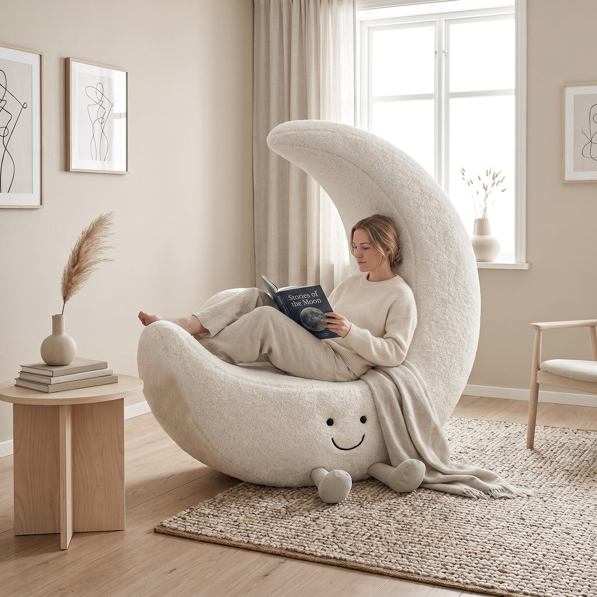 A woman is reading a book on the Luna sofa in the living room.