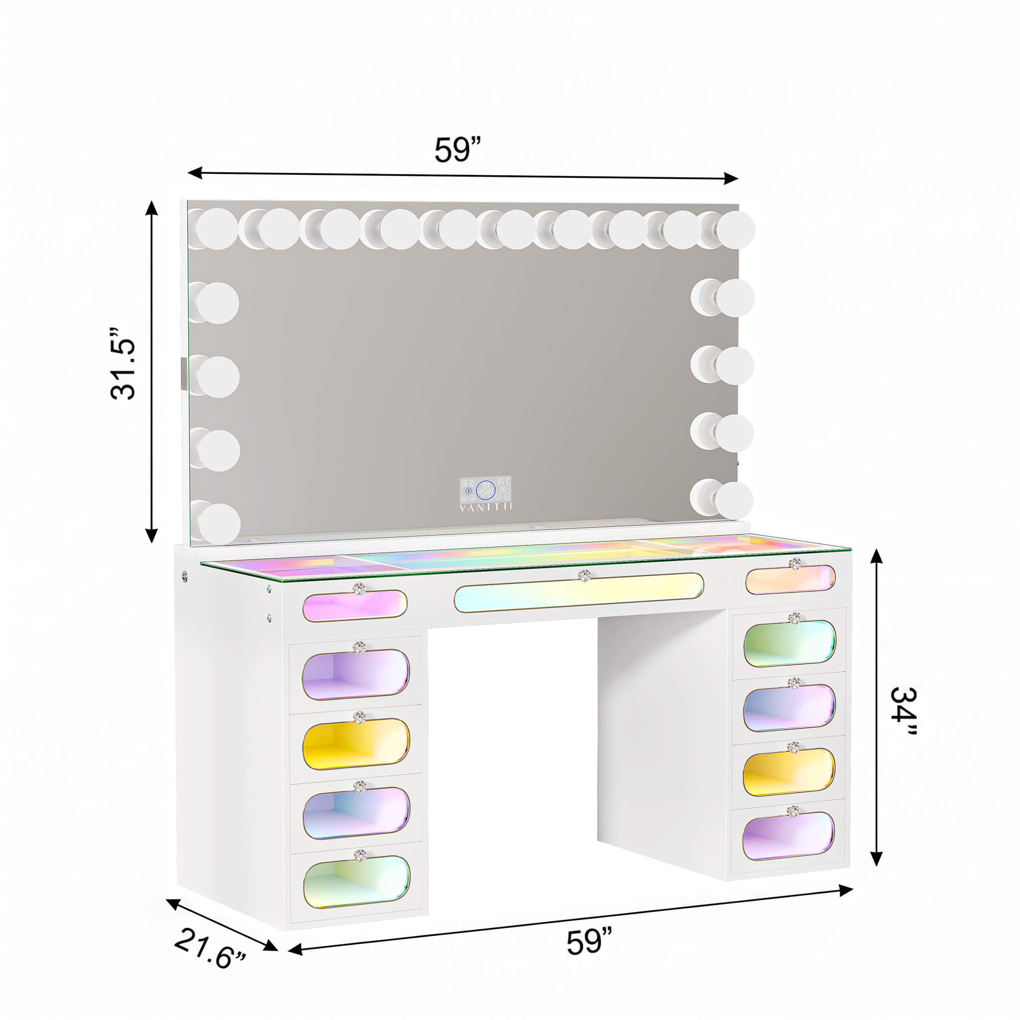 VANITII Priscilla Makeup Vanity Desk Set with 11 Drawers & 18 LED Bulbs Mirror