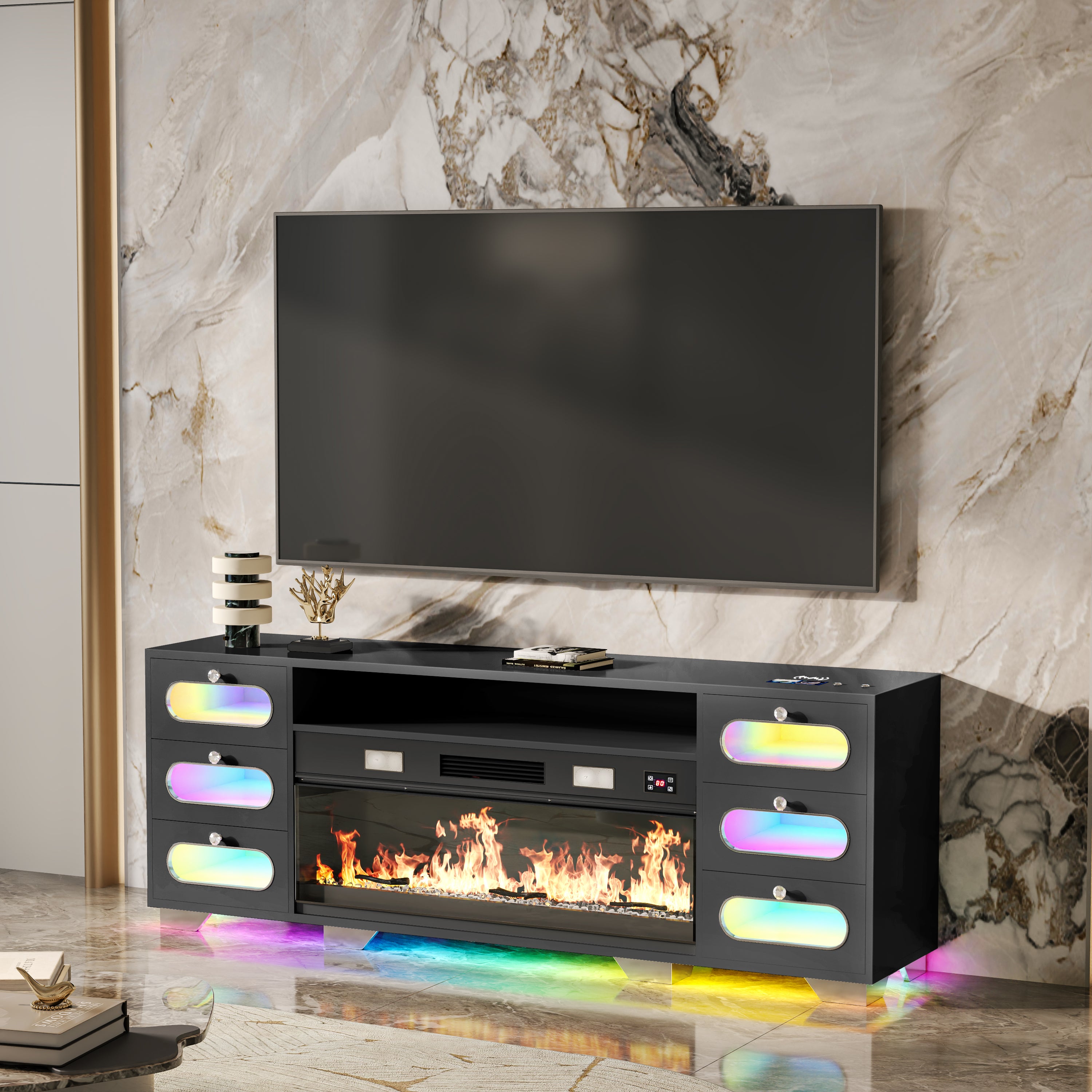 Black entertainment console with electric fireplace and LED lights against a marble wall.