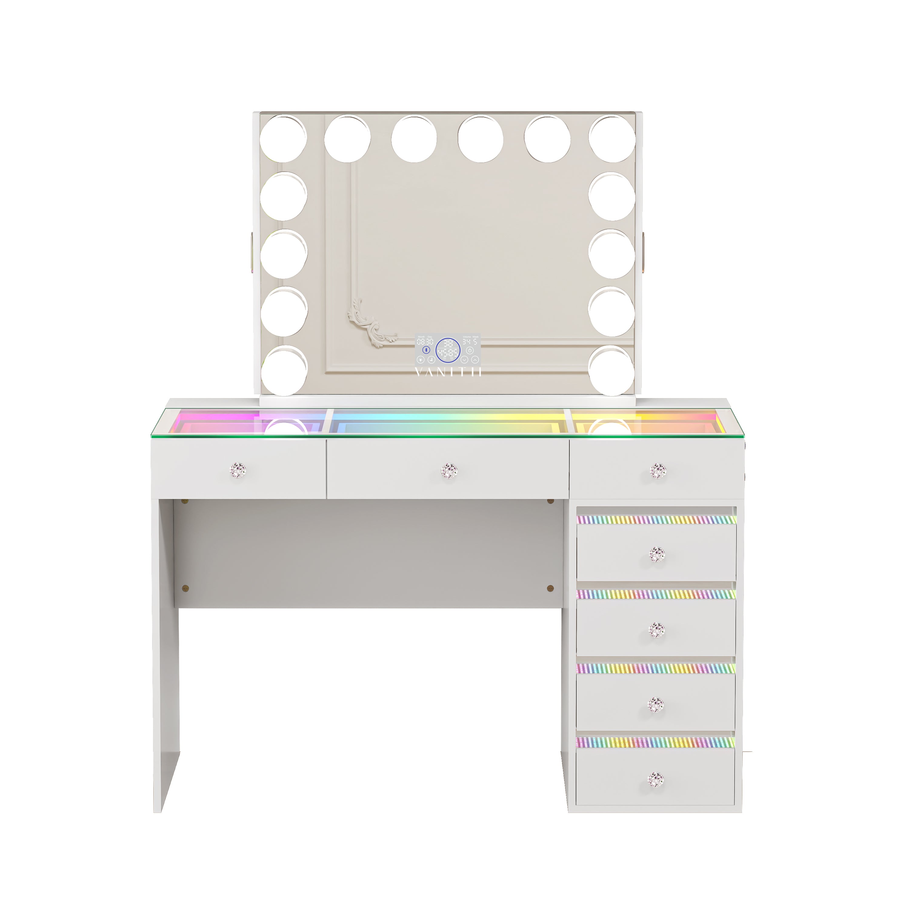 The VANITII Fenair Vanity Desk Set features a 14 LED Light Bulbs , Mirror with Hidden Side Jewelry Racks，7 crystal-knob drawers,USB&Type-C Ports and built-in Bluetooth Speaker. It adopts a simple white design, perfectly combining beauty and functionality.