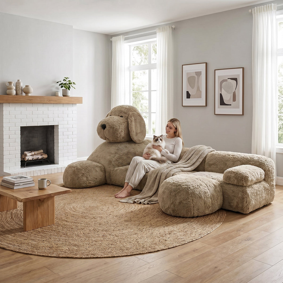 The woman happily held the cat and sat on the oversized plush dog-shaped sofa.
