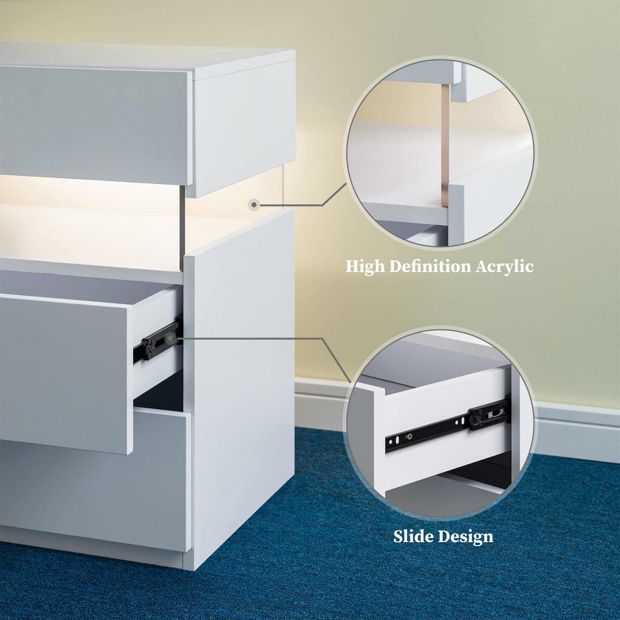 LED Nightstands 3 Drawer Dresser for Bedroom End Table with Acrylic Board LED Bedside Tables for Bedroom Living Room