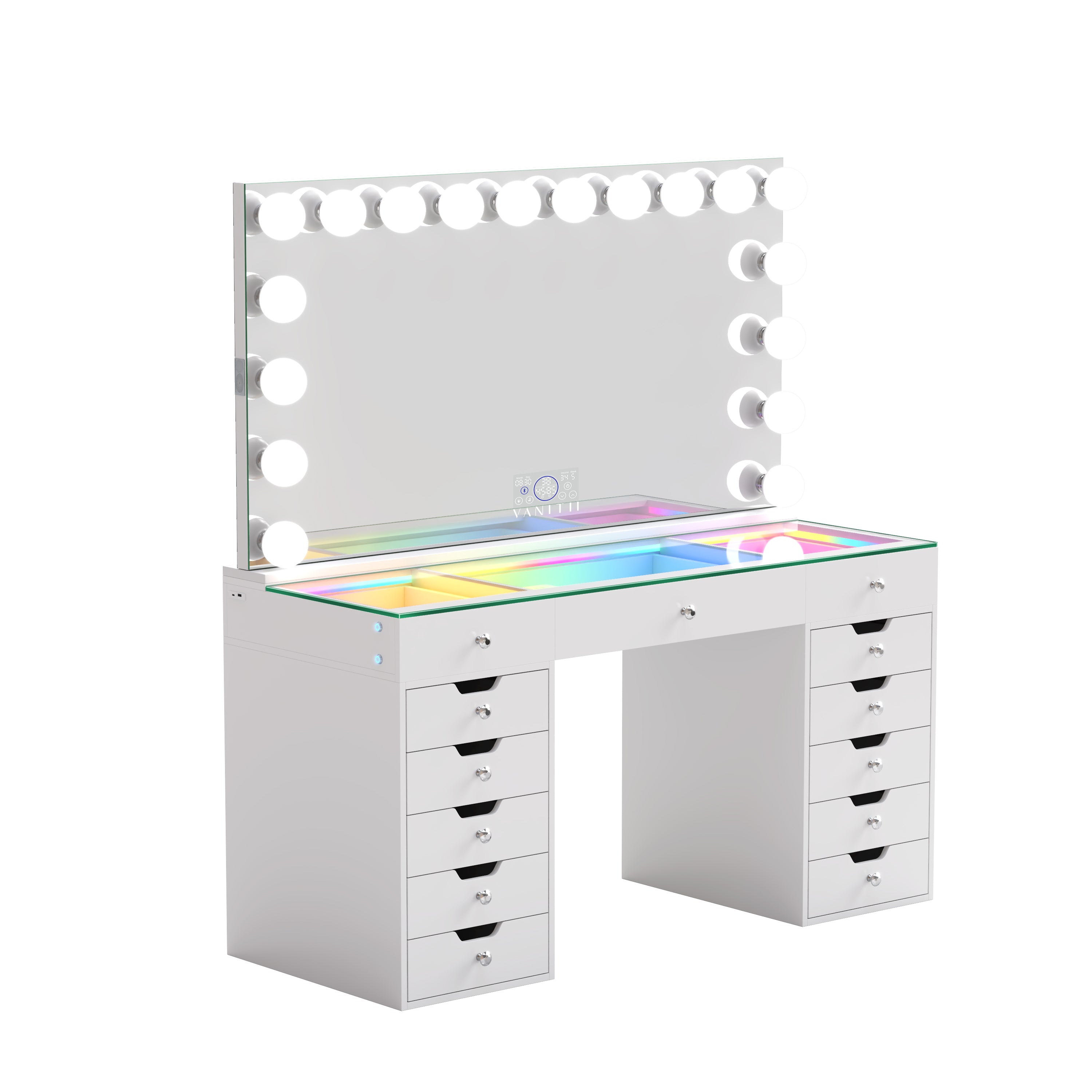 VANITII EVA vanity desk showing drawer storage and mirror lighting
