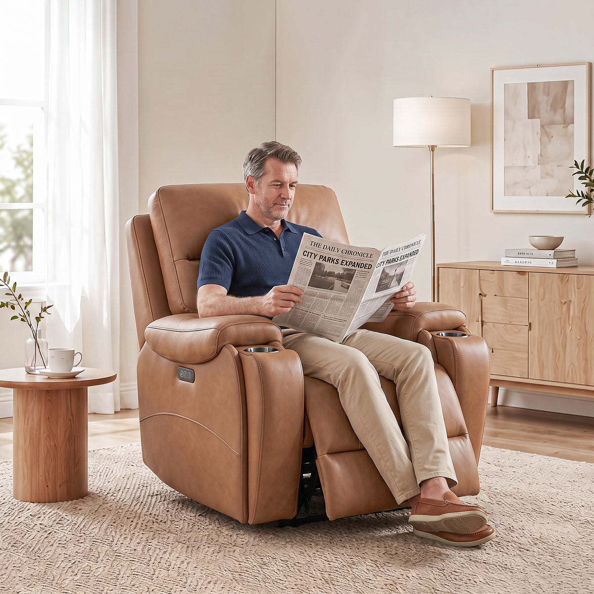 A man is sitting in the brown power zero gravity recliner chair in the living room, reading a newspaper.