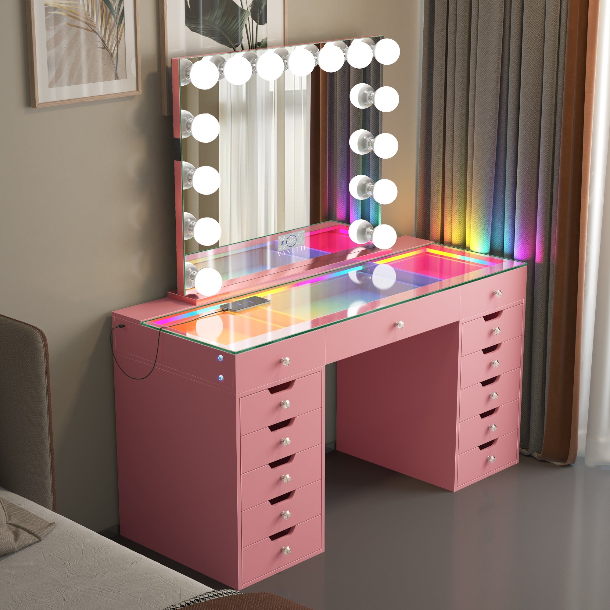 VANITII Eva RGB Vanity Desk Set – 13 Drawers & 15‑Bulb Light Mirror