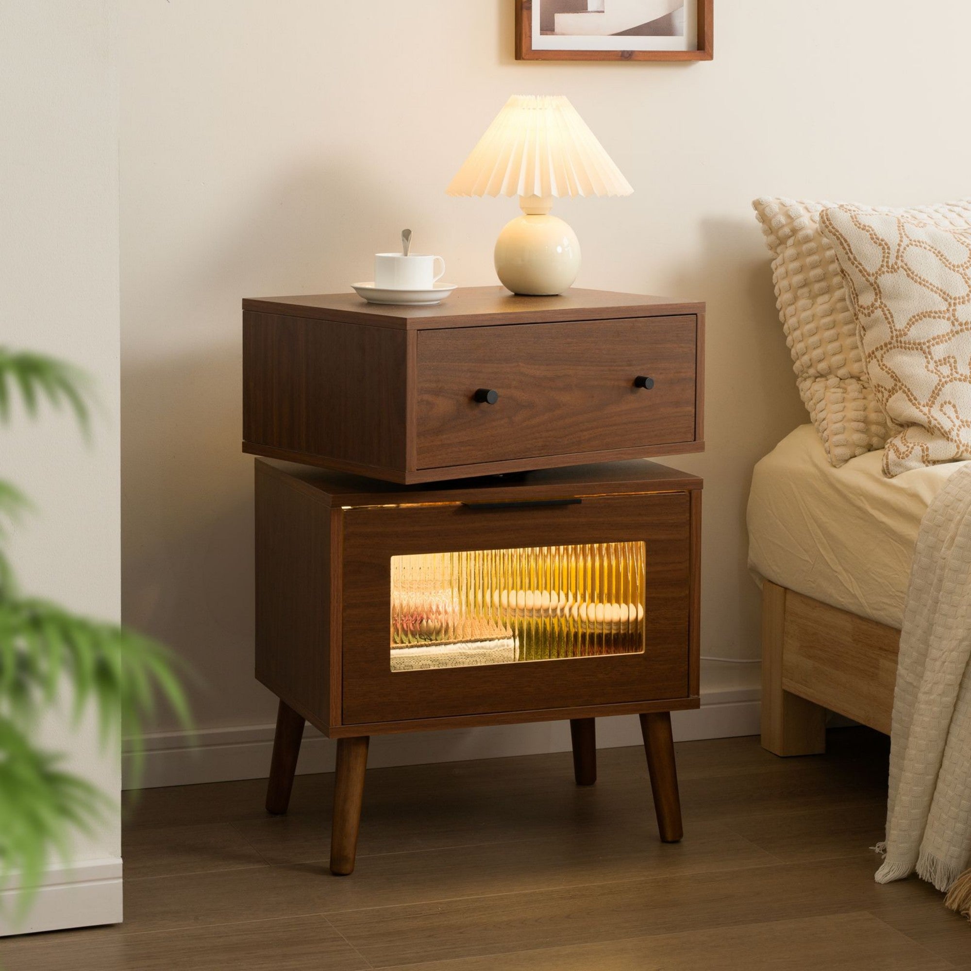 LED Nightstand Modern Nightstands with 360° Rotating Drawer LED Bedside Table with Glass Door Storage Mid Century Bedside Tables