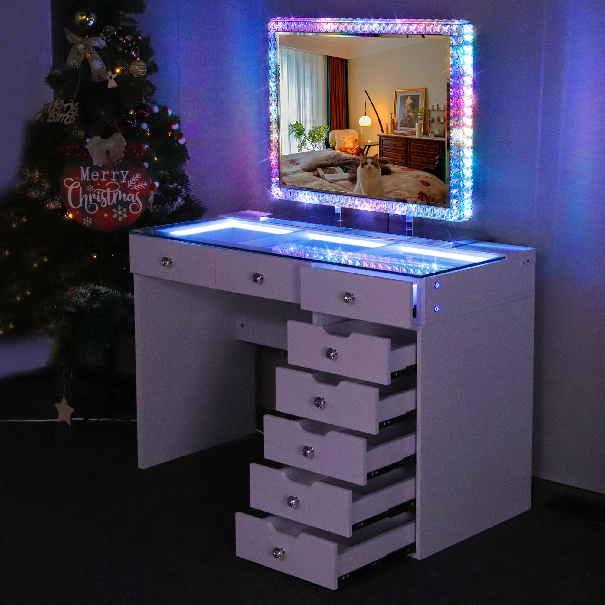 May Promotion !  Diana 8 Vanity Desk with Crystal Diamond Mirror