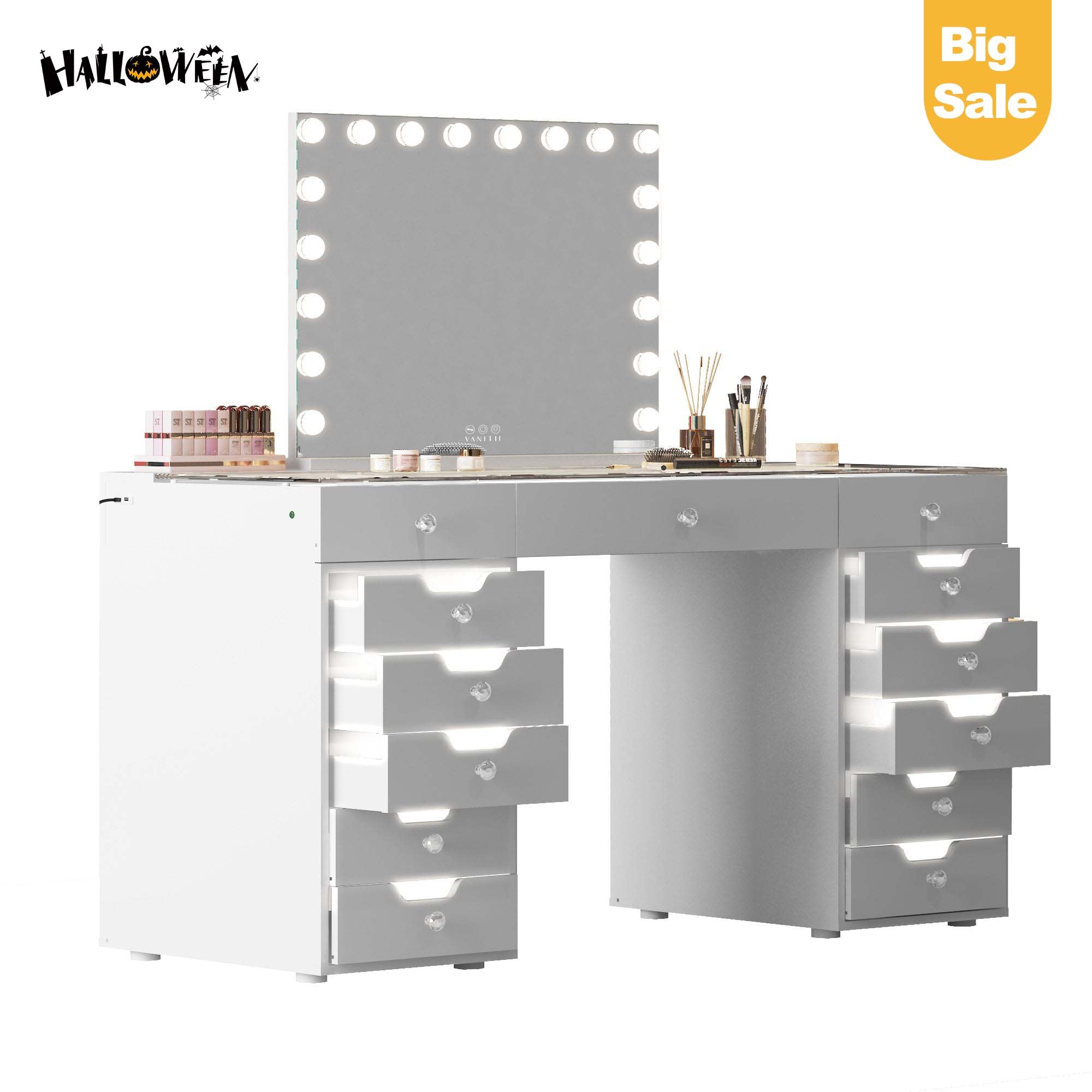 VANITII Eva Vanity Desk  - 13 Storage Drawers with Full Light