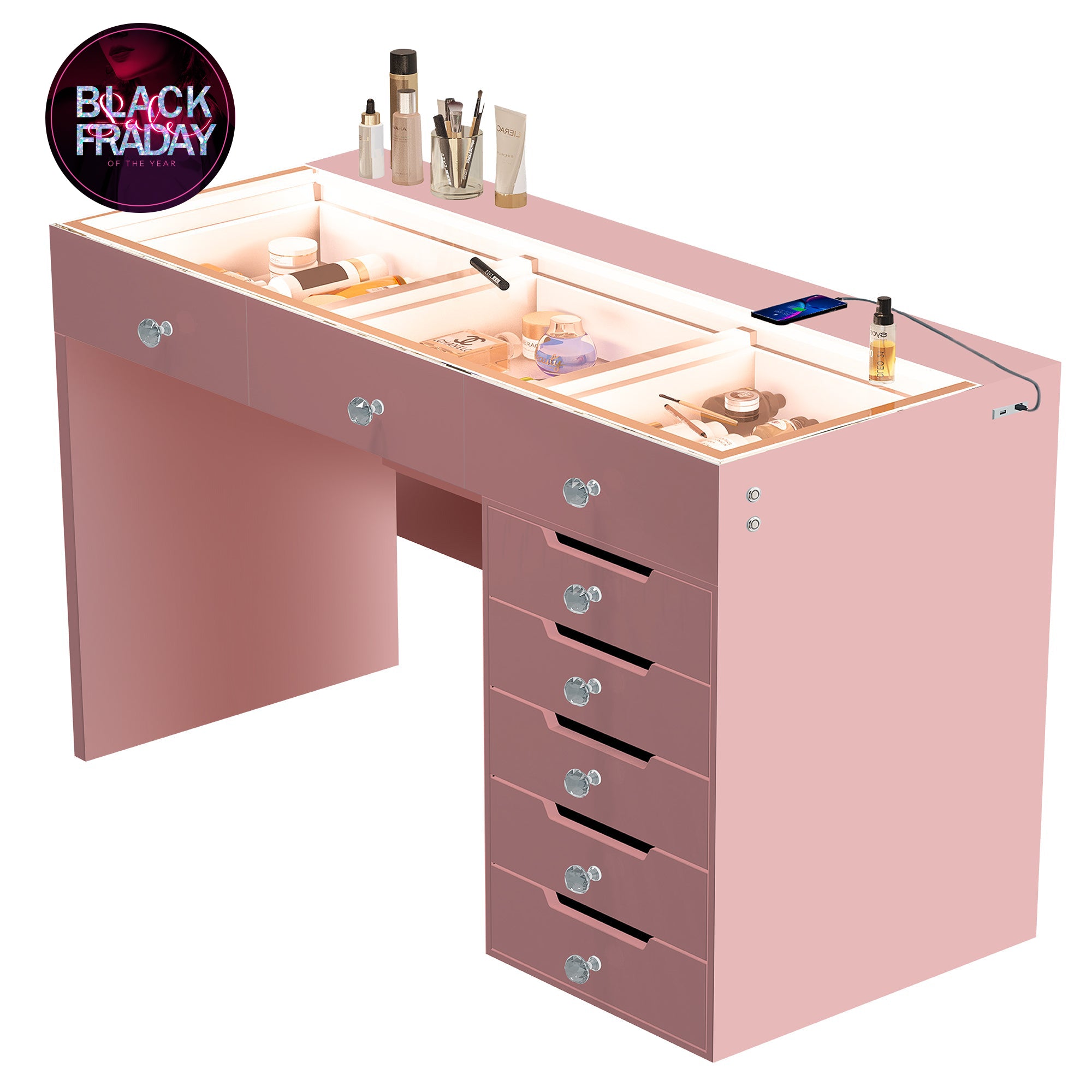 VANITII Diana Pink Vanity Desk - 8 Storage Drawers