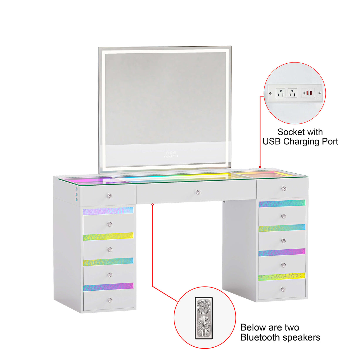 VANITII Luna Vanity RGB Table Set With Bluetooth Speaker & Hana Mirror