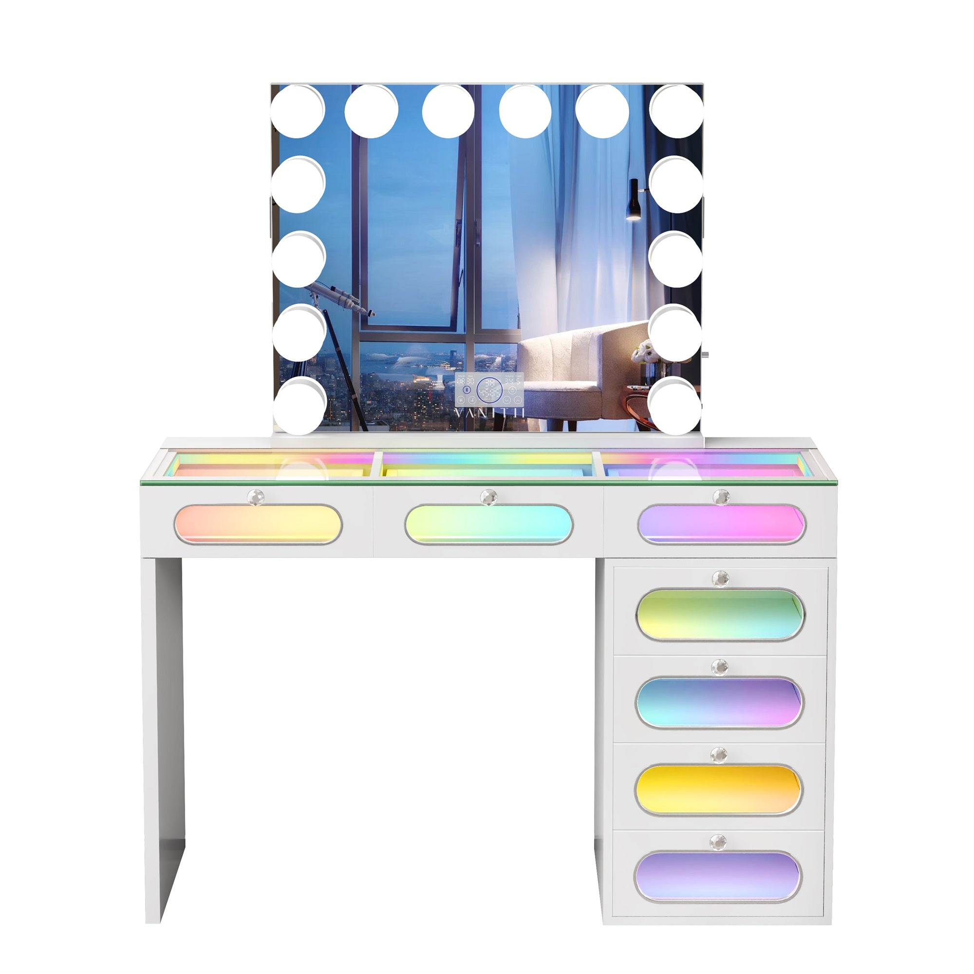 New Release ! VANITII 7 Glass Fronted Drawers with Hollywood Vanity Mirror