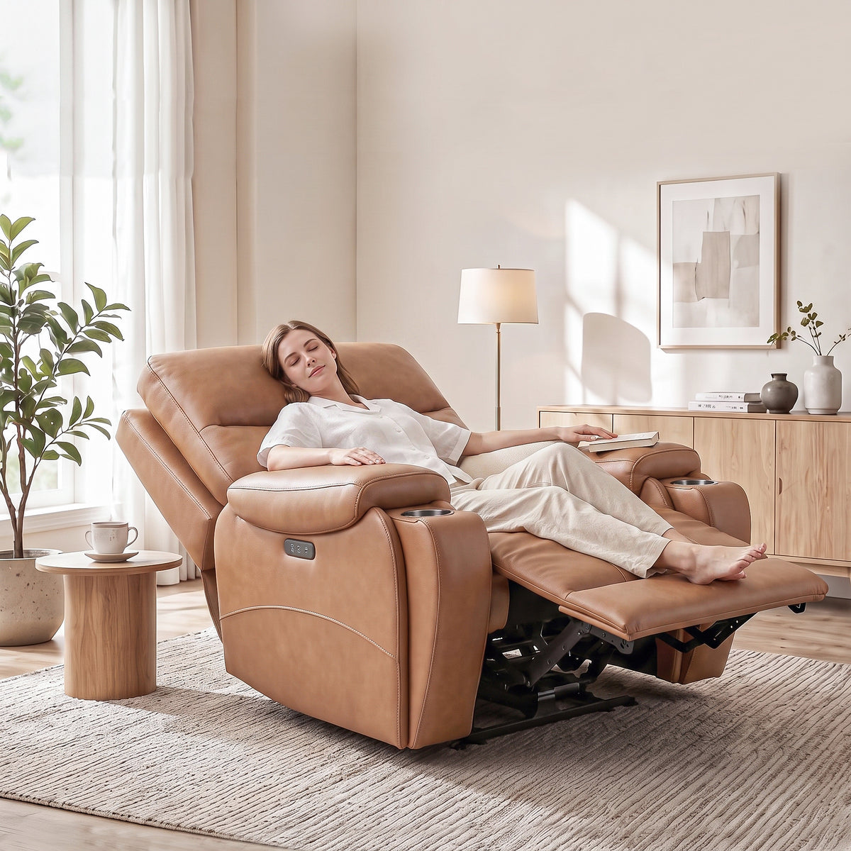 A woman adjusted the saddle power recliner chair to the optimal position and took a nap.