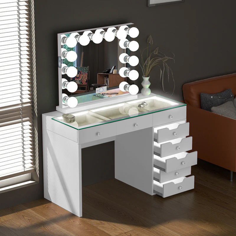 Promotion! VANITII Diana 8 Drawers Vanity Desk with Full Light and 14 Bulbs Vanity Mirror (Only Sell on Dallas)