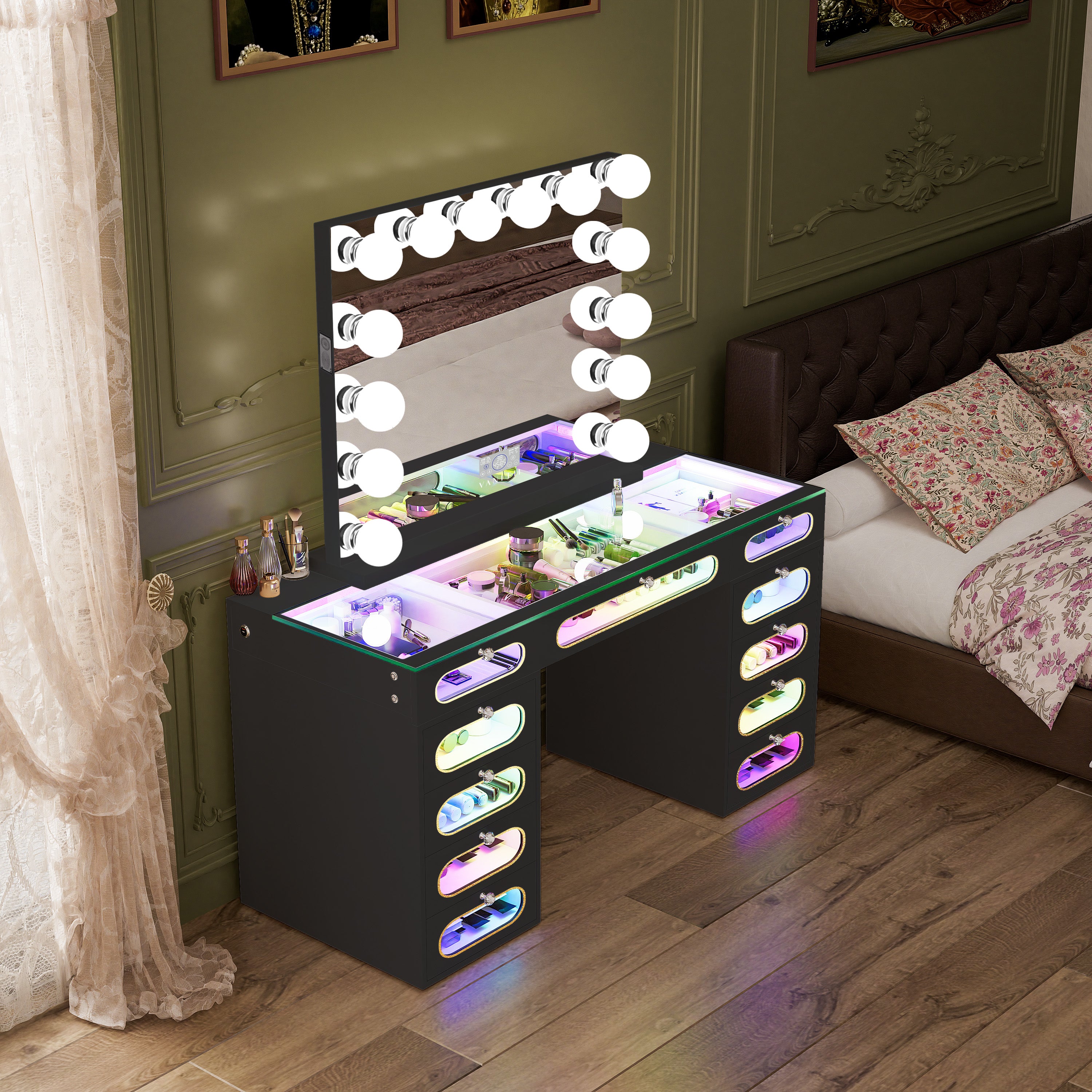 New Release ! VANITII Priscilla Vanity Desk-11 Glass Fronted Drawers Vanity Set