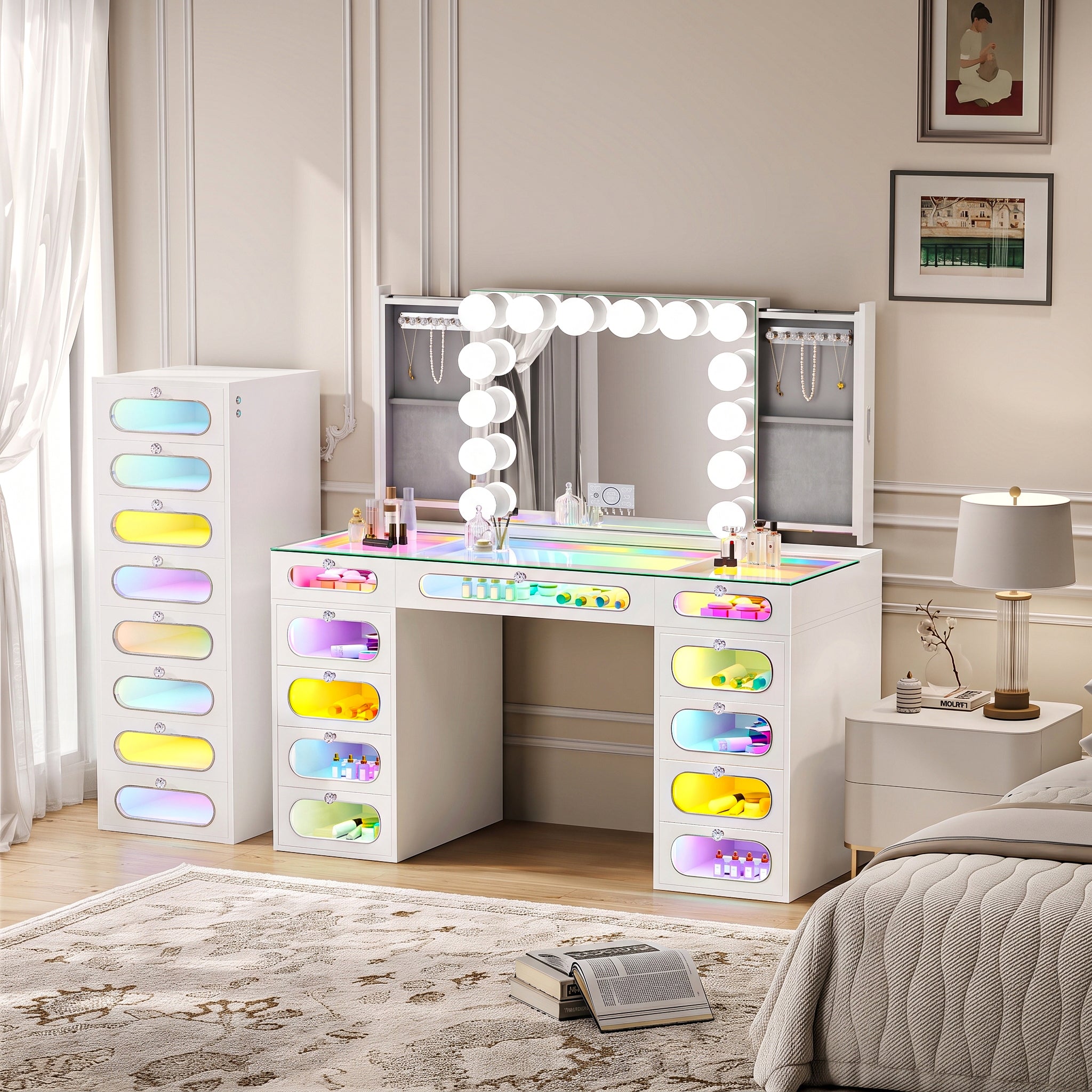 VANITII Priscilla Vanity Set with Hollywood Vanity Mirror Pro with Jewelry Cabinet