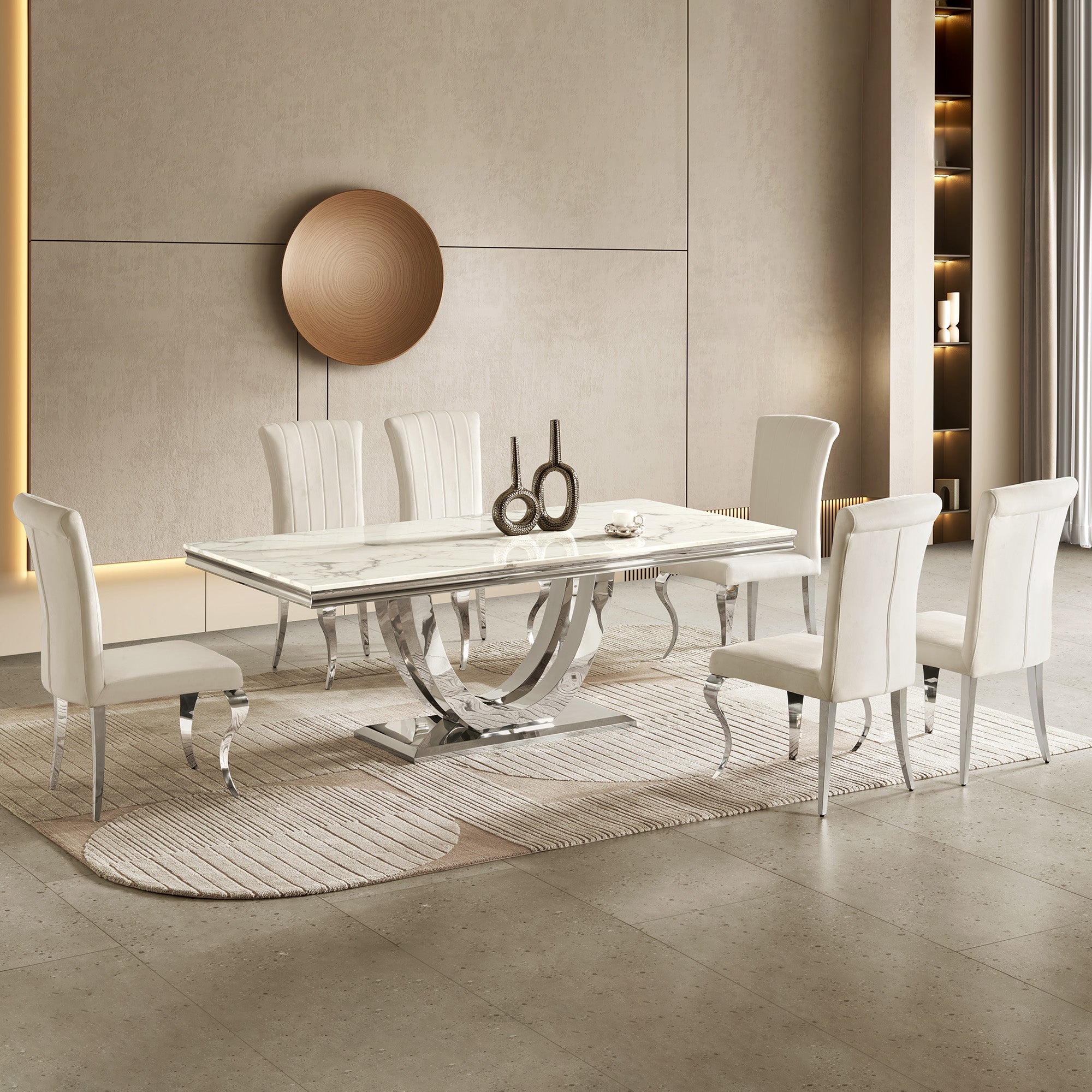 Modern  Dining Table with  Marble Top & 201 Stainless Steel U-Base, Luxury 6-8 Seater Kitchen Table, Gold/Silver Mirror Finish