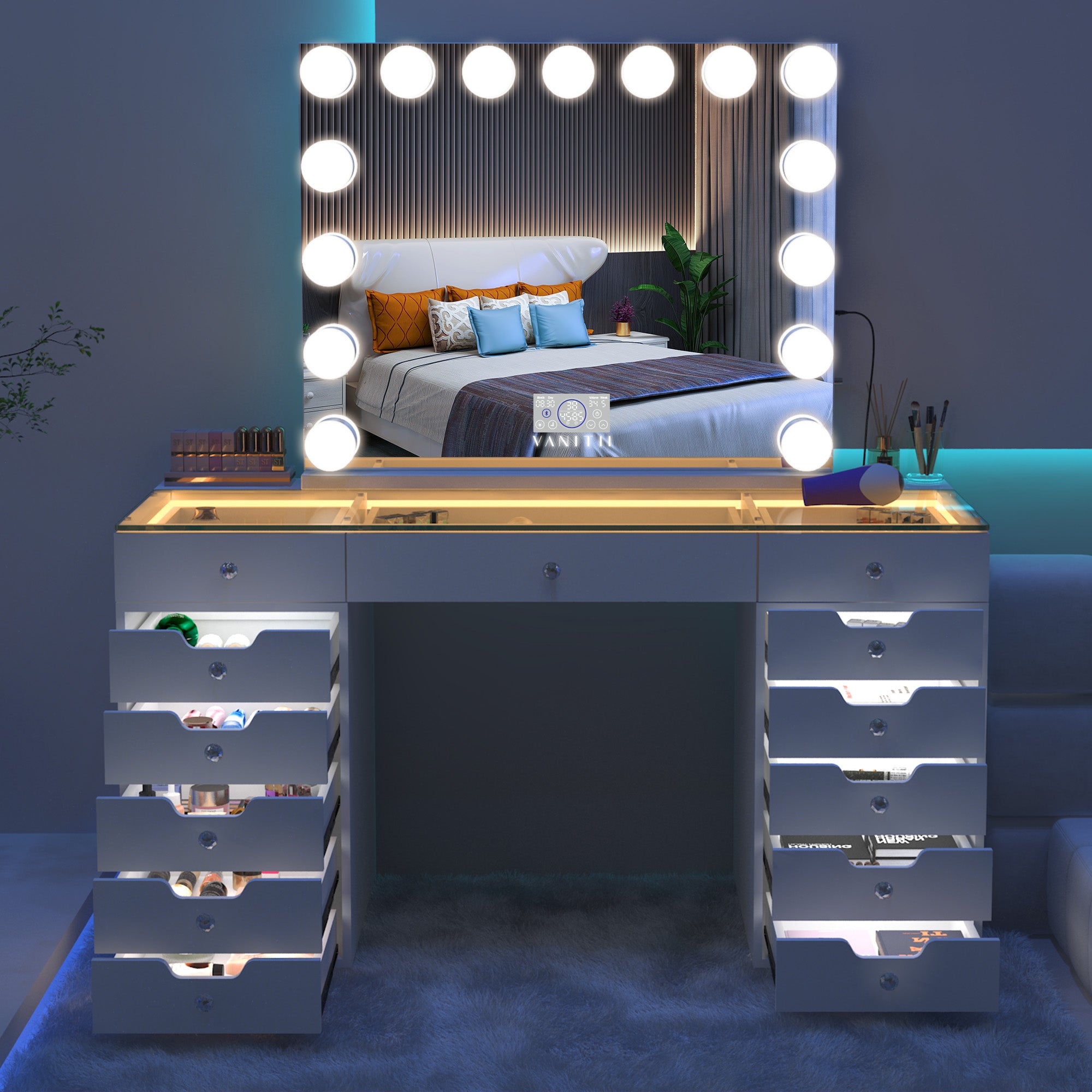 Vanity desks with mirror deals and lights