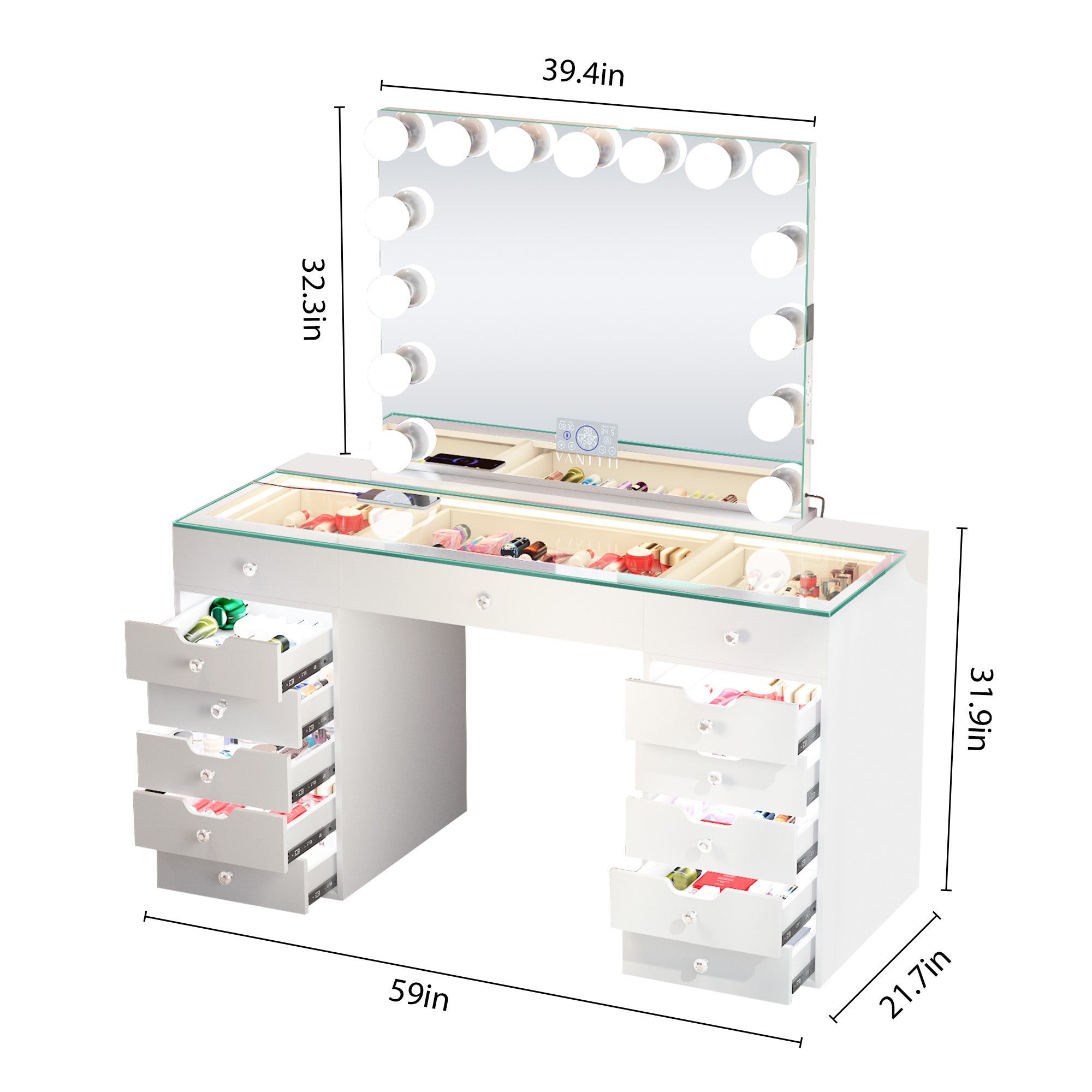 Promotion ! VANITII Eva Vanity Desk with Lights and 15 bulbs Vanity Mirror