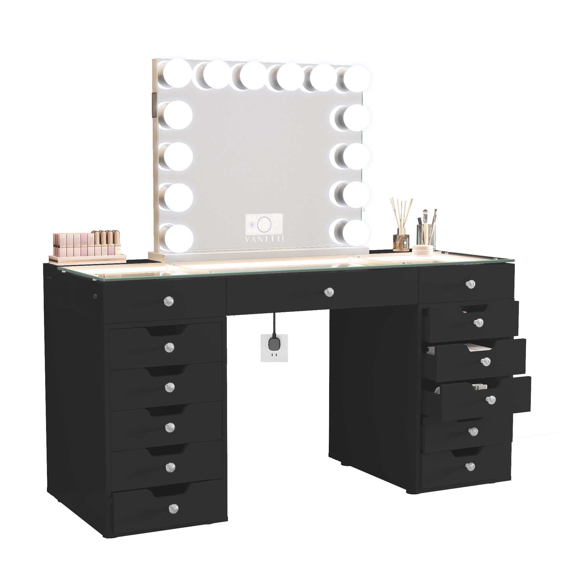 VANITII Eva Vanity Desk - 13 Storage Drawers -Black