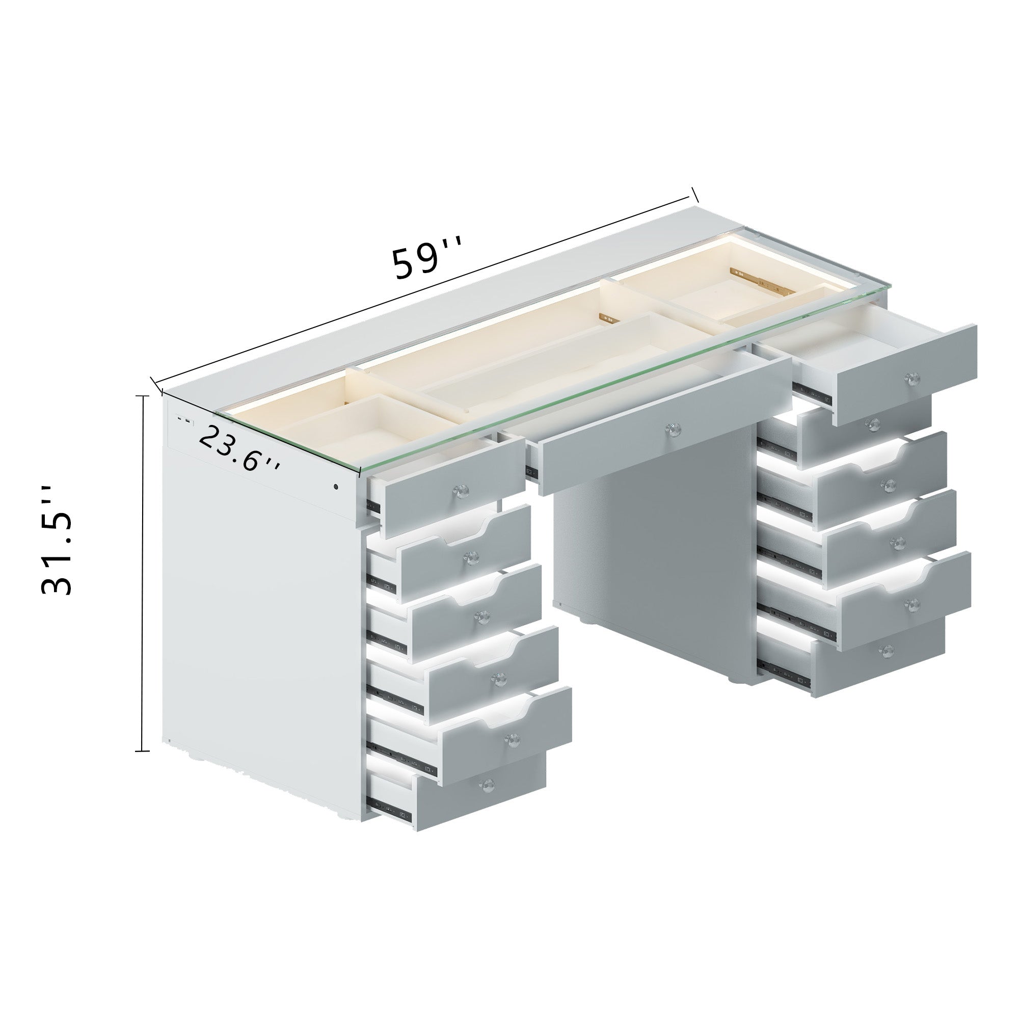 VANITII Eva Vanity Desk  - 13 Storage Drawers with Full Light