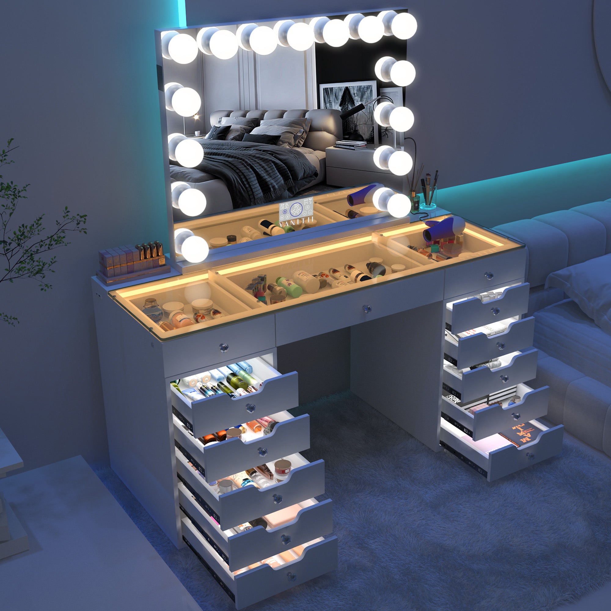 VANITII Eva Vanity Desk  - 13 Storage Drawers with Full Light