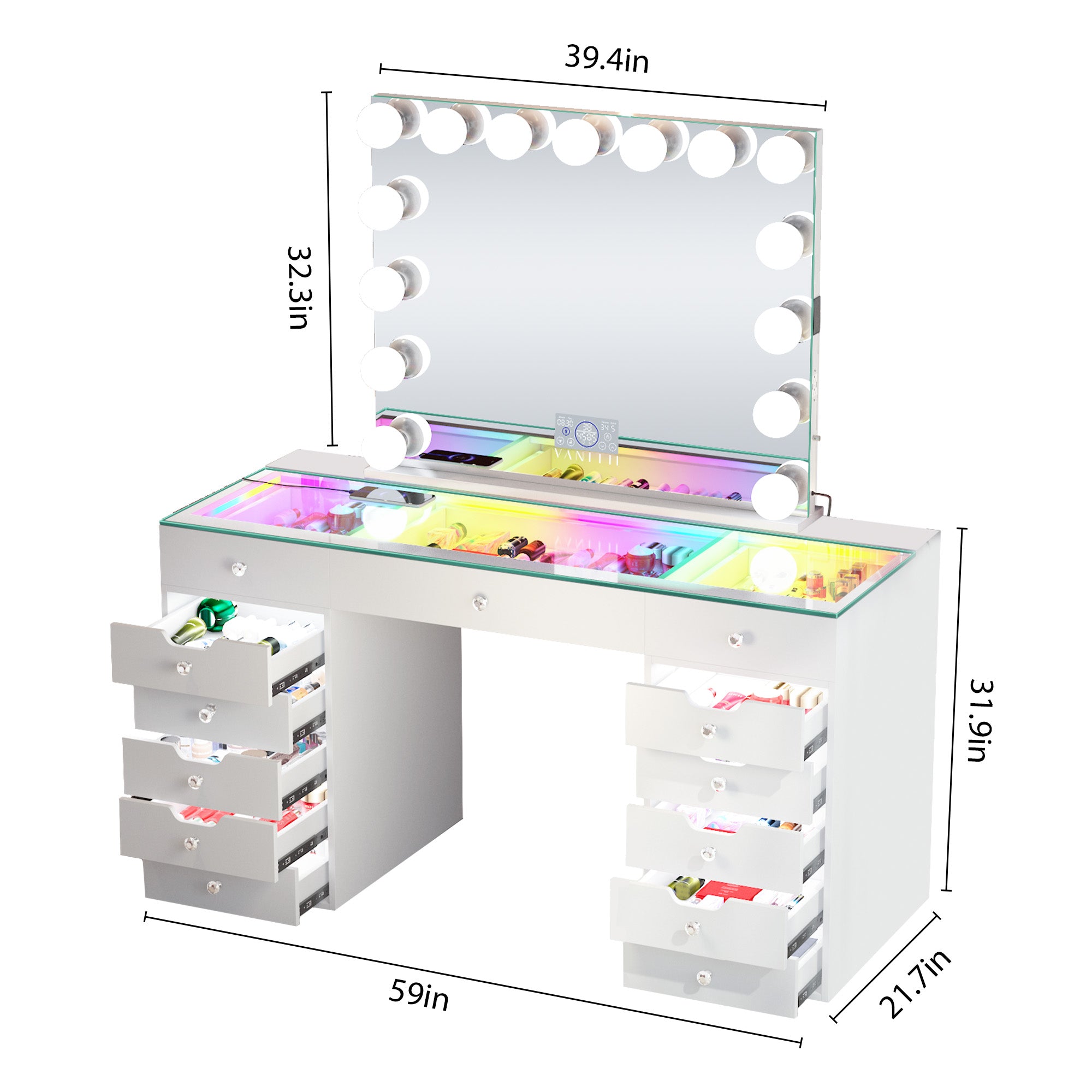 Promotion l! VANITII Eva-RGB Vanity Desk Set with Lights & 15 Bulbs Light Mirror (Only sell in Texas(Dallas+Houston))