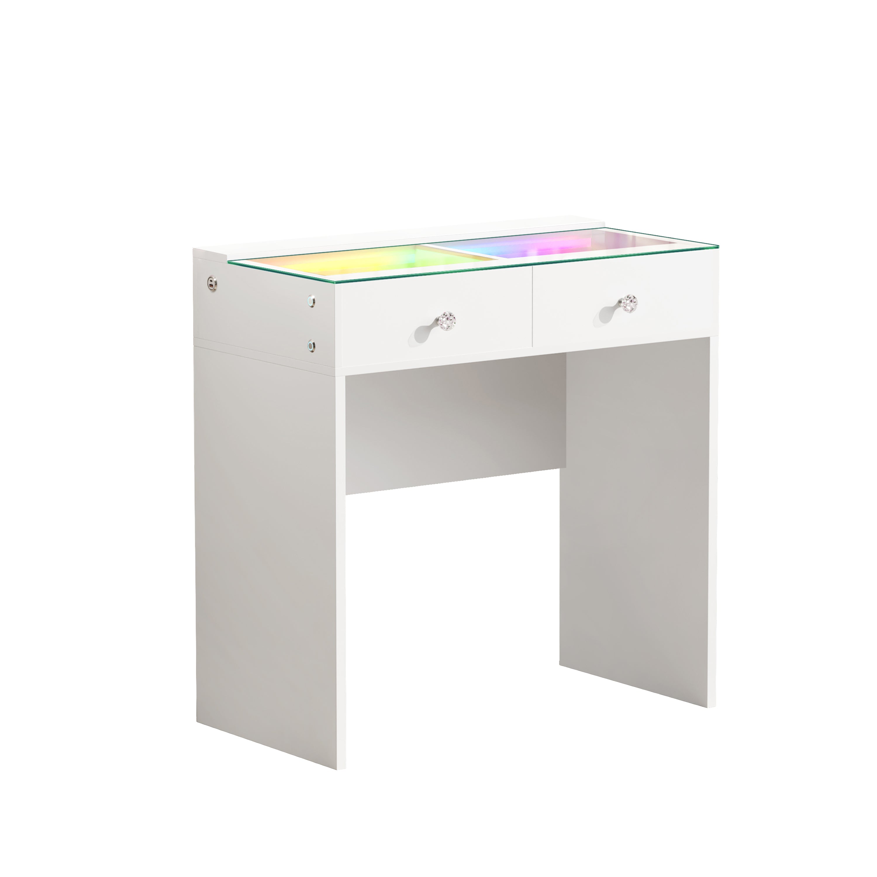The VANITII Scarlet Vanity Desk features 2 crystal-knob drawers,USB&Type-C Ports and RGB strip light. It adopts a simple white design, perfectly combining beauty and functionality.