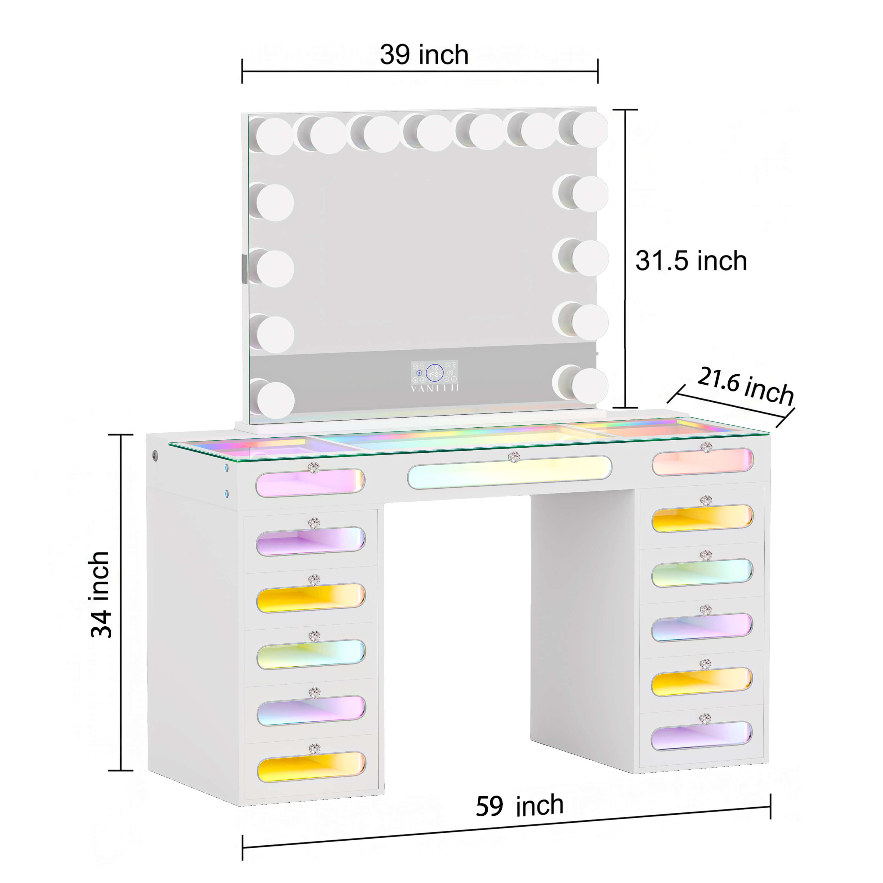 VANITII Priscilla Vanity Desk Set With 13 Drawers & 15 LED Bulbs Mirror