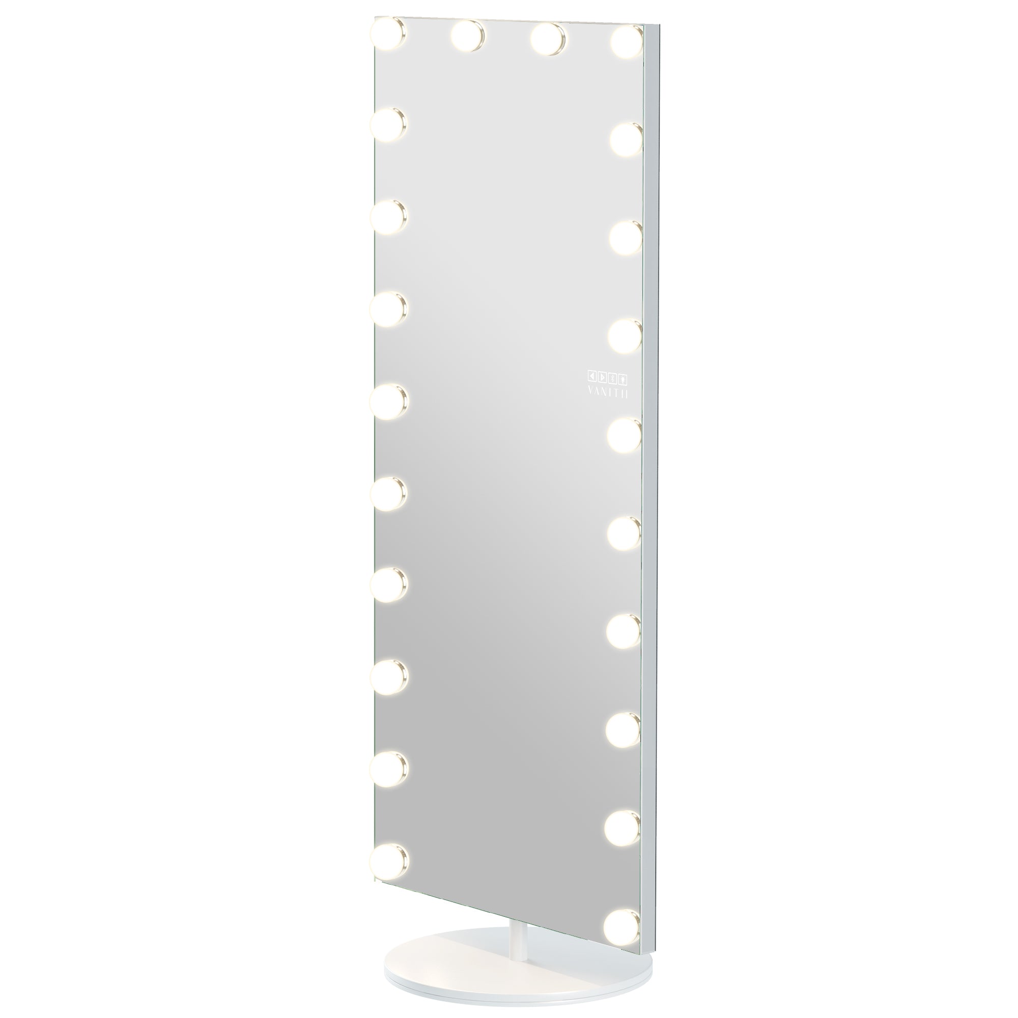 Full-length Hollywood mirror with 22 adjustable dimmable LED bulbs and swivel base.