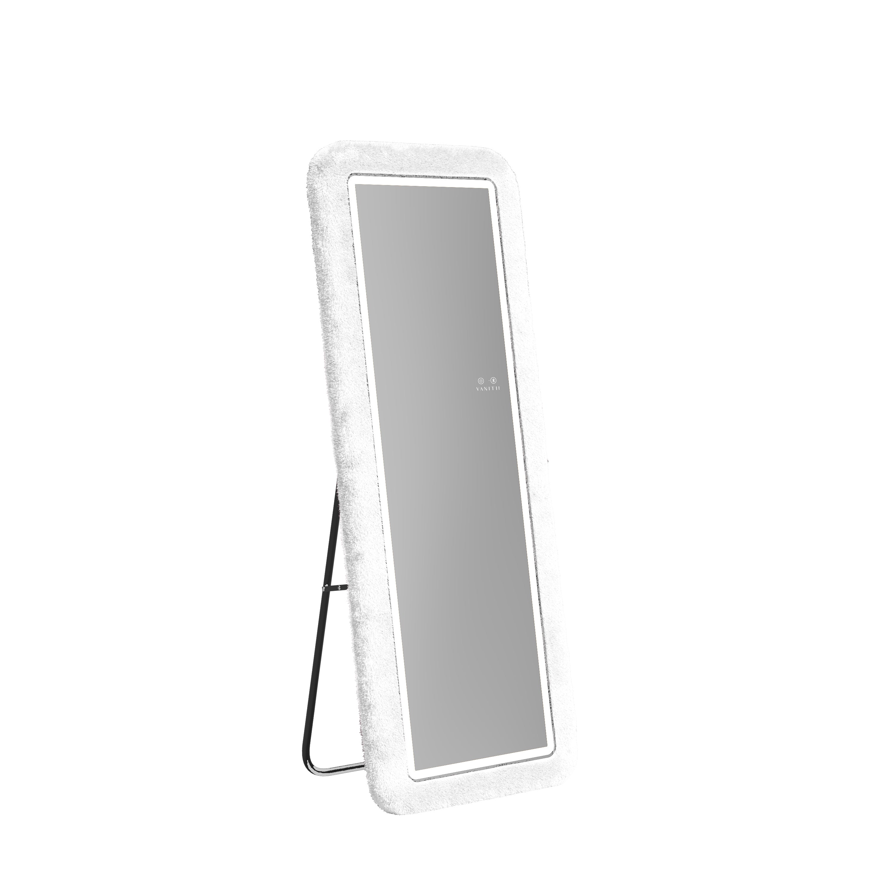 Full-length standing mirror with white frame on a white background
