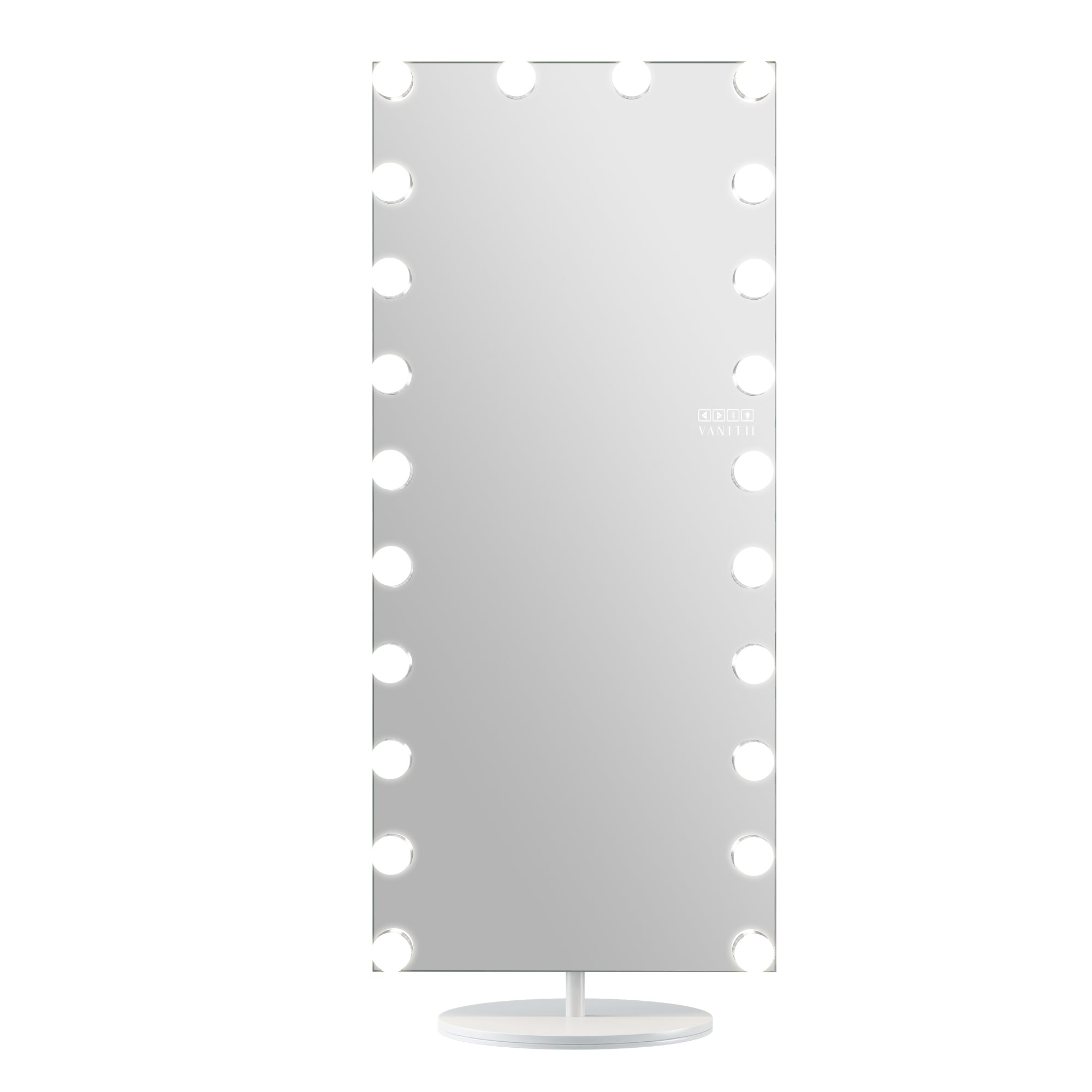 Full-length vanity mirror featuring 22 dimmable LED bulbs and a rotating stand.