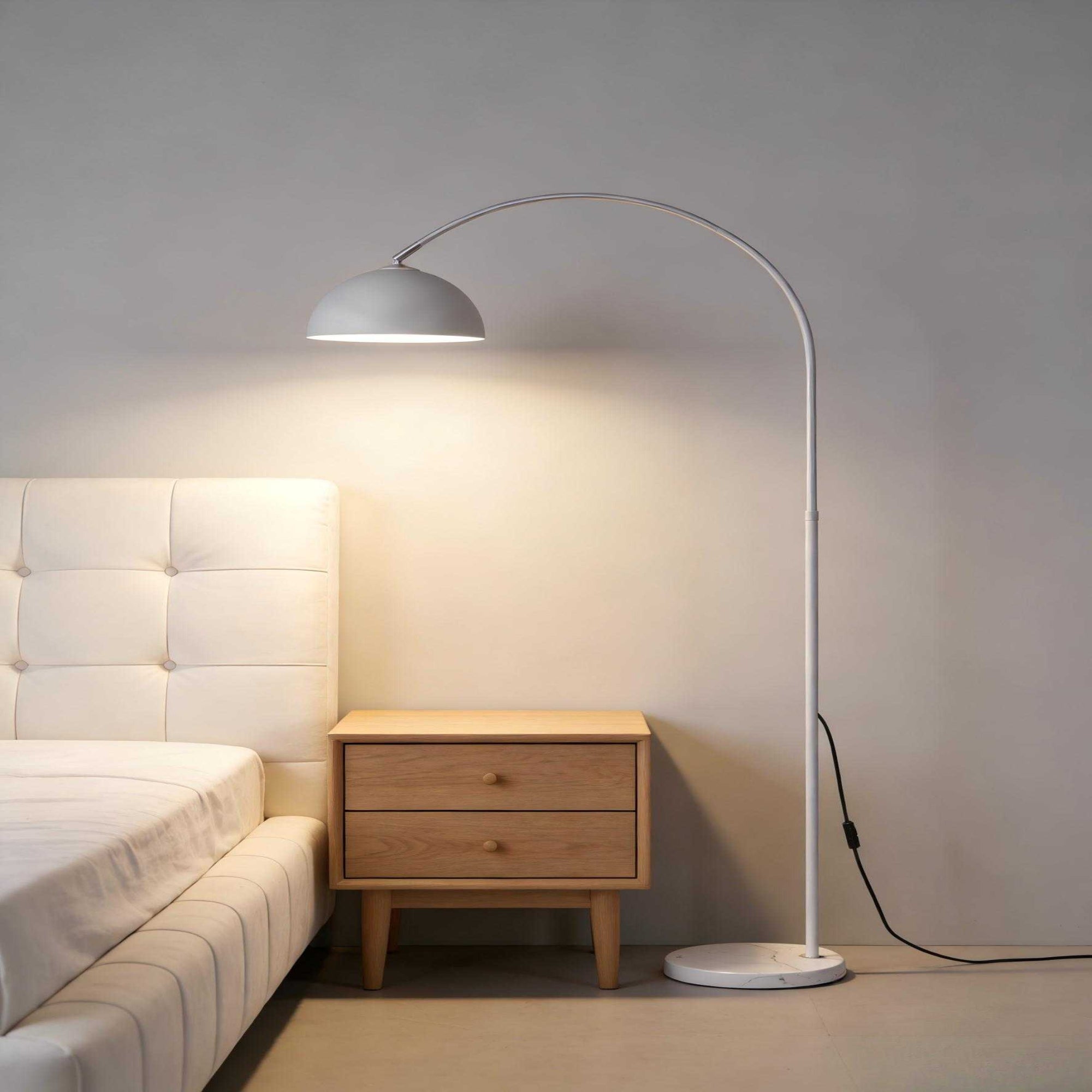 White Arc Floor Lamp: Soft-globe Nordic style for living rooms and bedrooms.