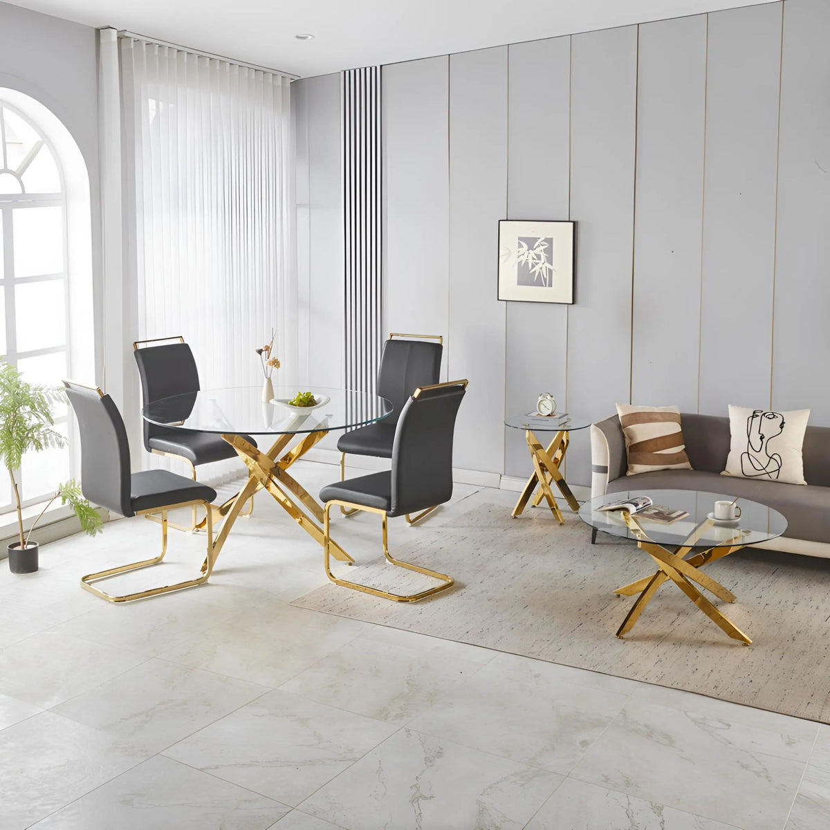 19.69" Round End Table, 8MM Clear Tempered Glass Top with Golden Crossed Metal Base, Easy to Clean