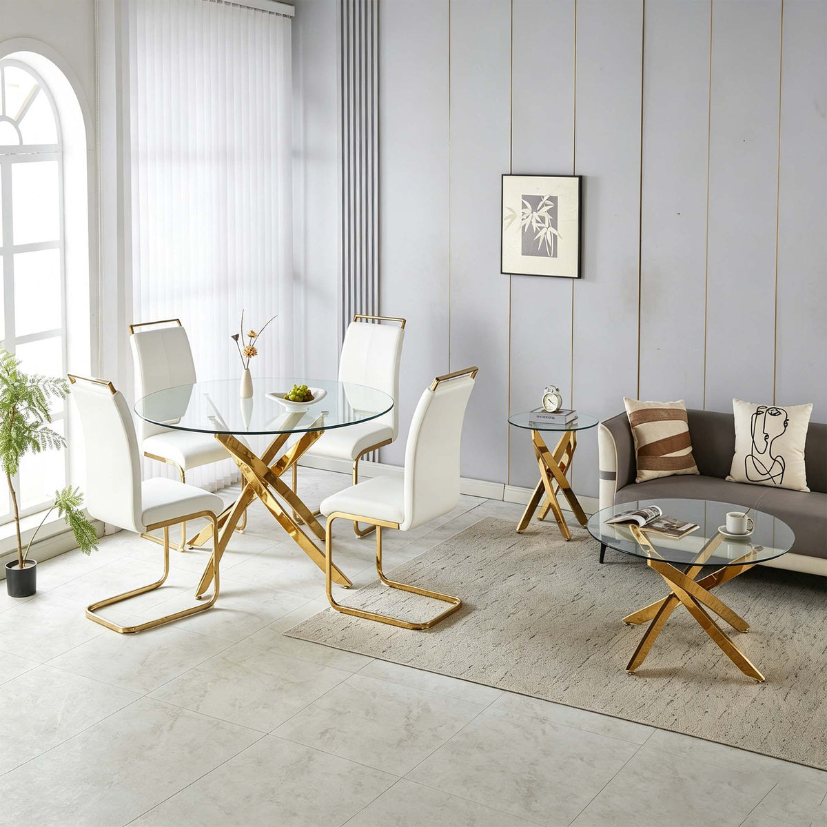 19.69" Round End Table, 8MM Clear Tempered Glass Top with Golden Crossed Metal Base, Easy to Clean
