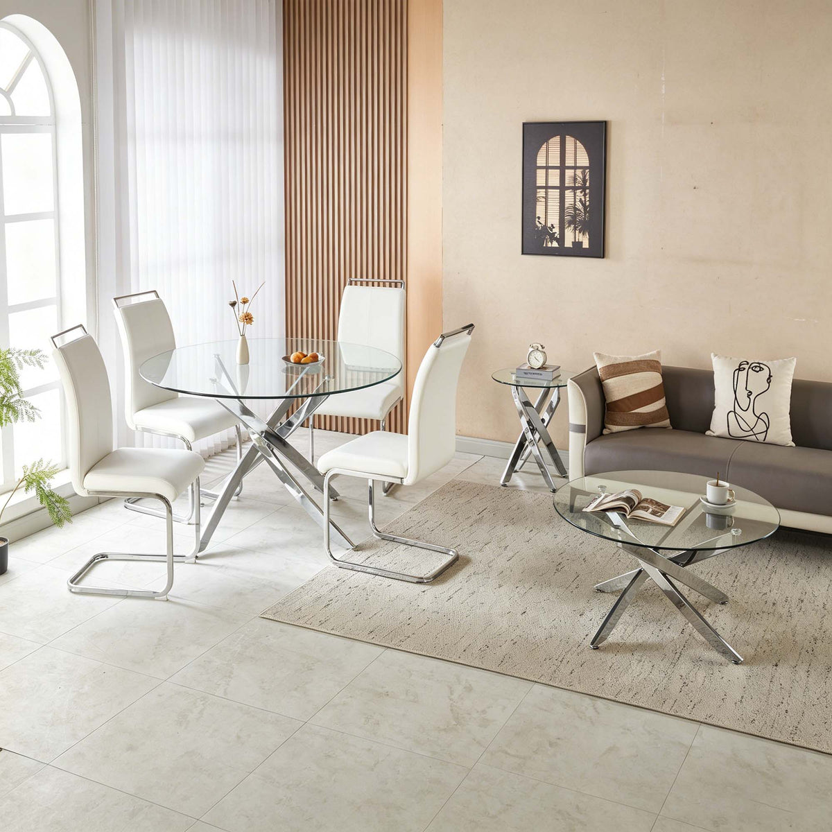 19.69" Round End Table, 8MM Clear Tempered Glass Top with Golden Crossed Metal Base, Easy to Clean