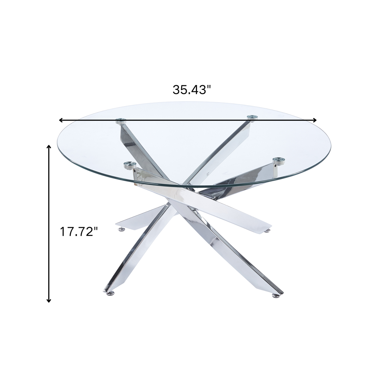 35.43" Round Coffee Table, 8MM Clear Tempered Glass Top with Golden Crossed Metal Base, Easy to Clean