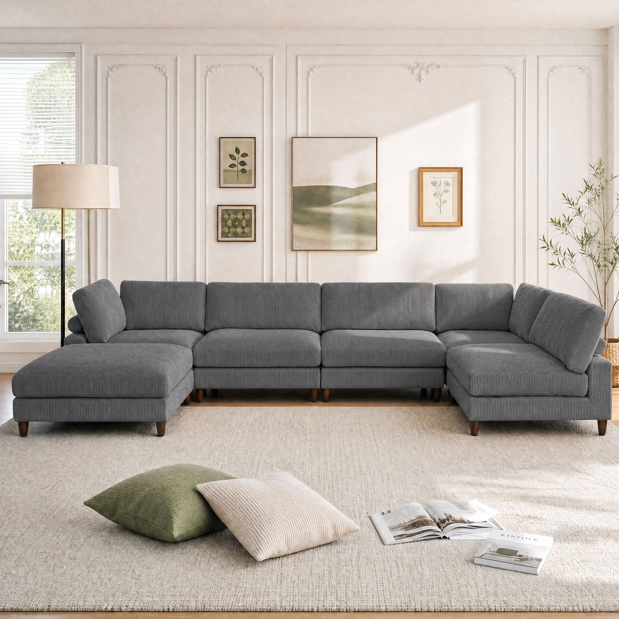 Solid Wood Frame Corduroy Modular Sofa Gray