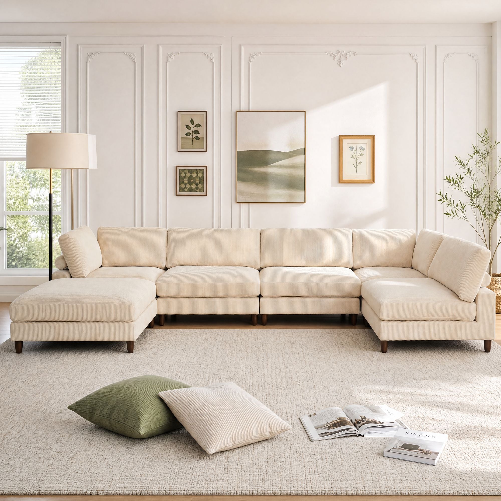 Piece Solid Wood Frame Corduroy Modular Sofa White