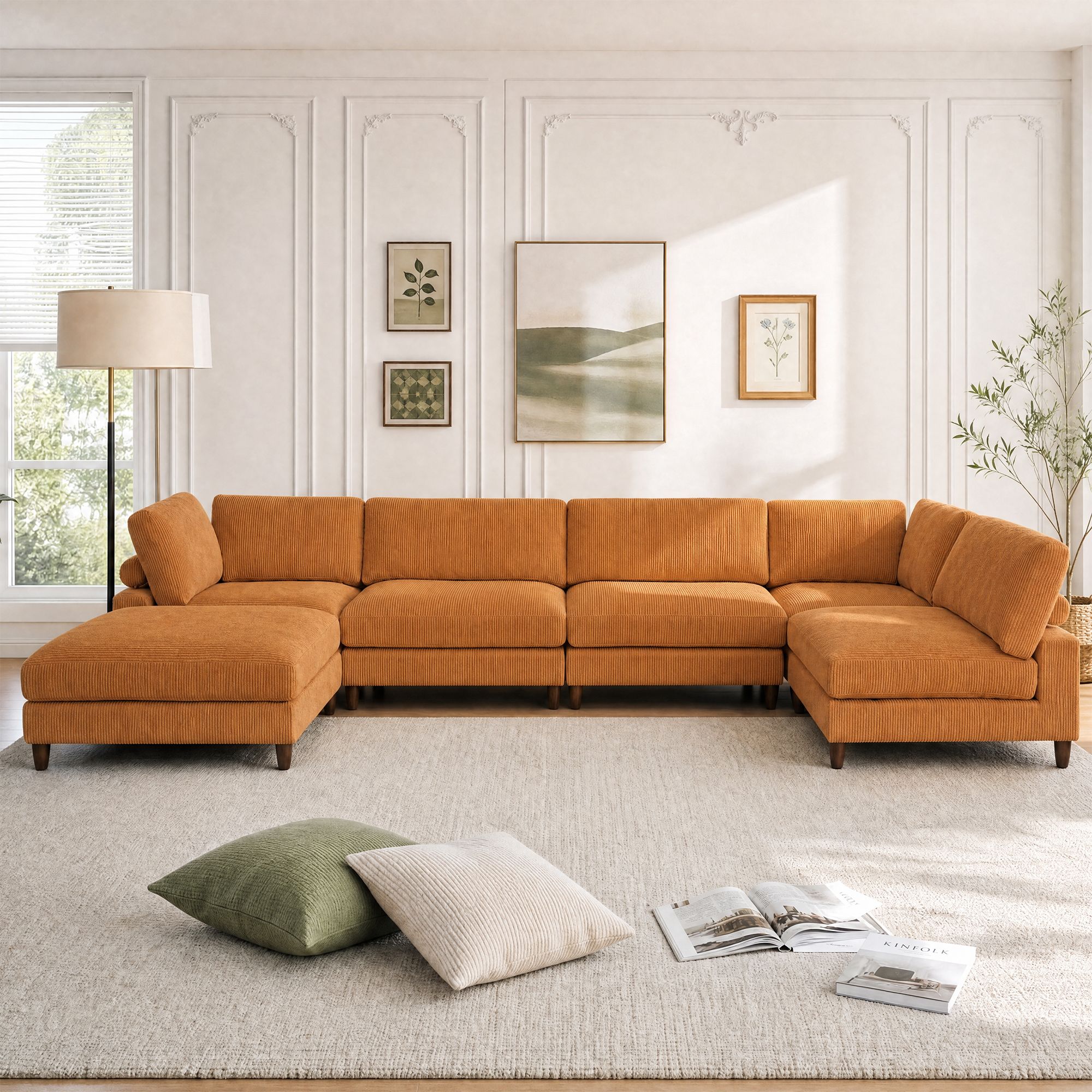 Solid Wood Frame Corduroy Modular Sofa Yellow