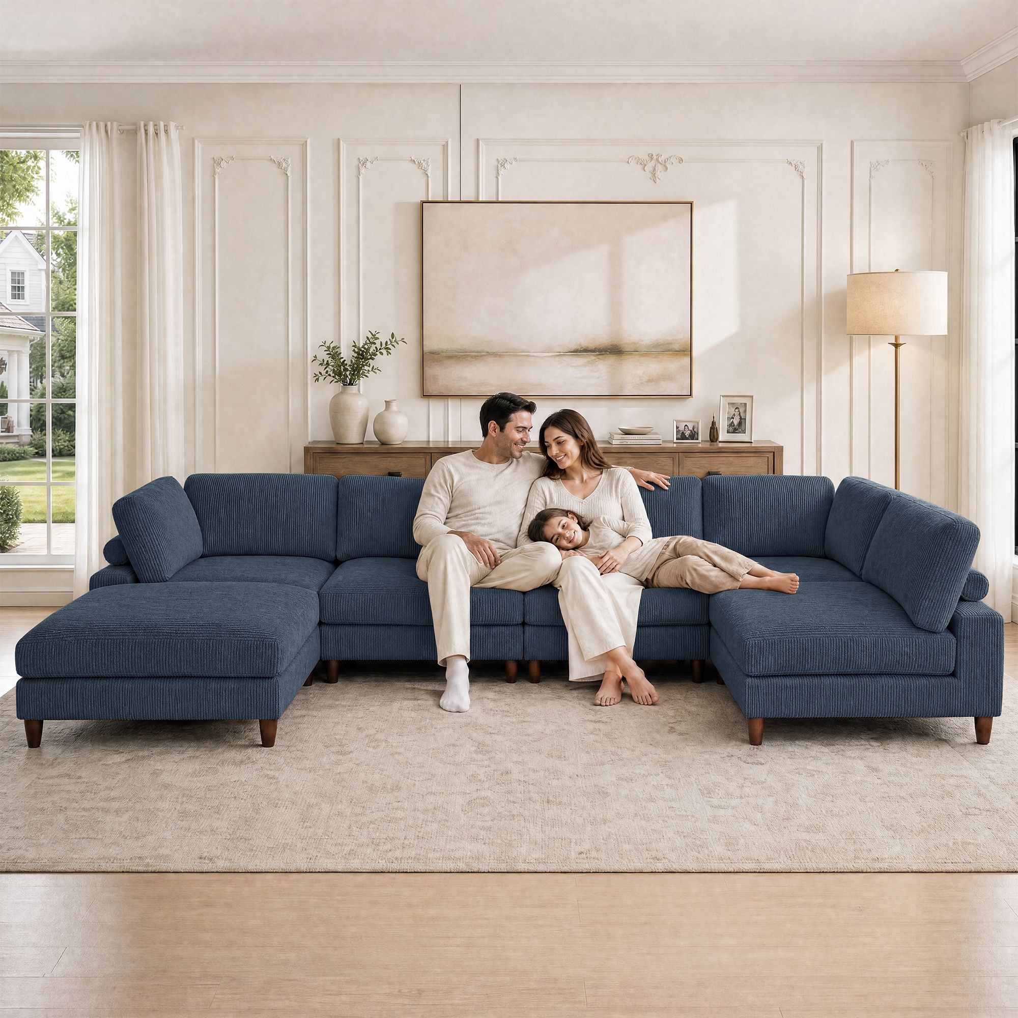 Solid Wood Frame Corduroy Modular Sofa Blue