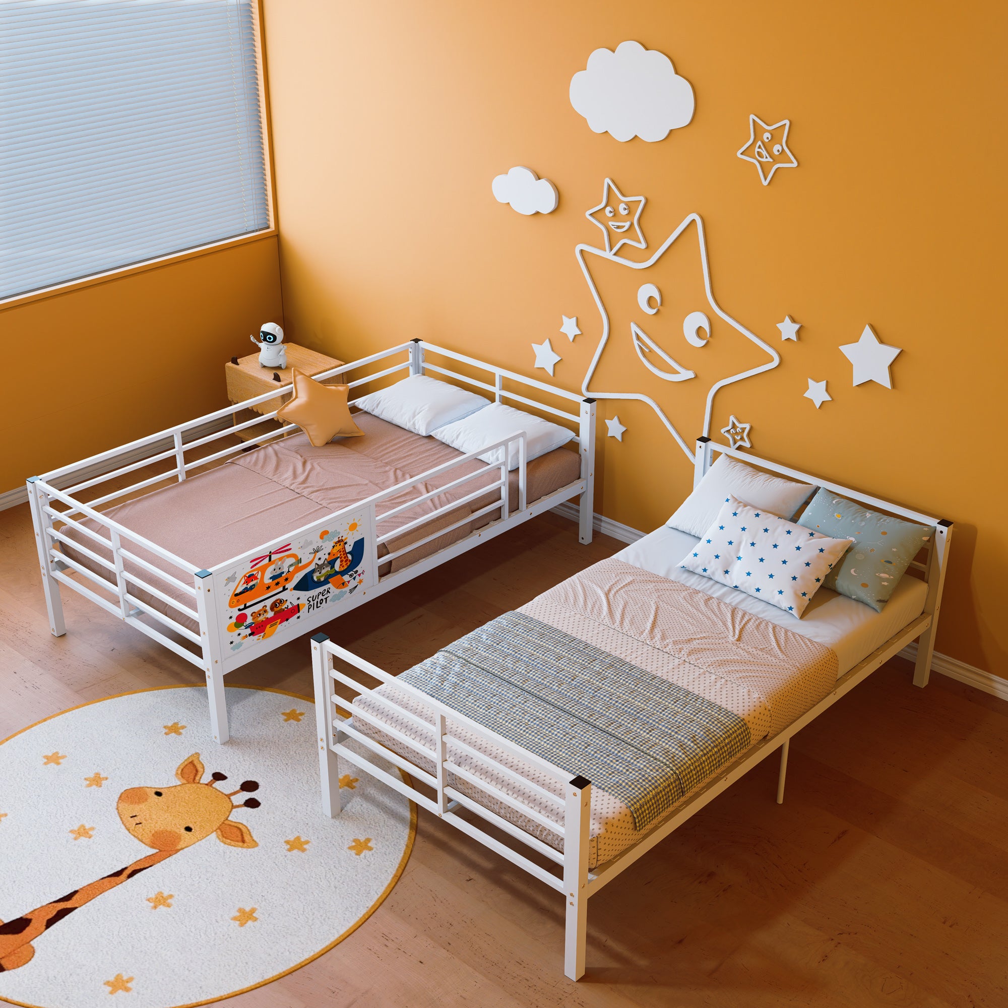 Metal Bunk Bed Frame Twin Over Twin with Ladder and High Guardrail